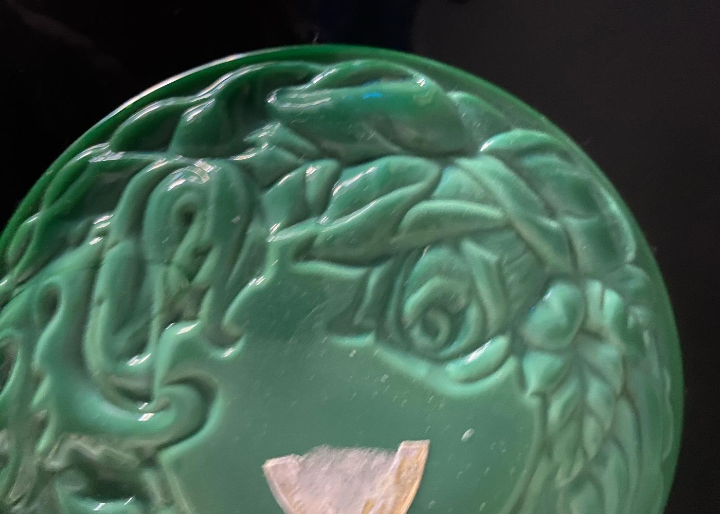 Czech Art Deco Malachite Glass Box by Curt Schlevogt For Sale