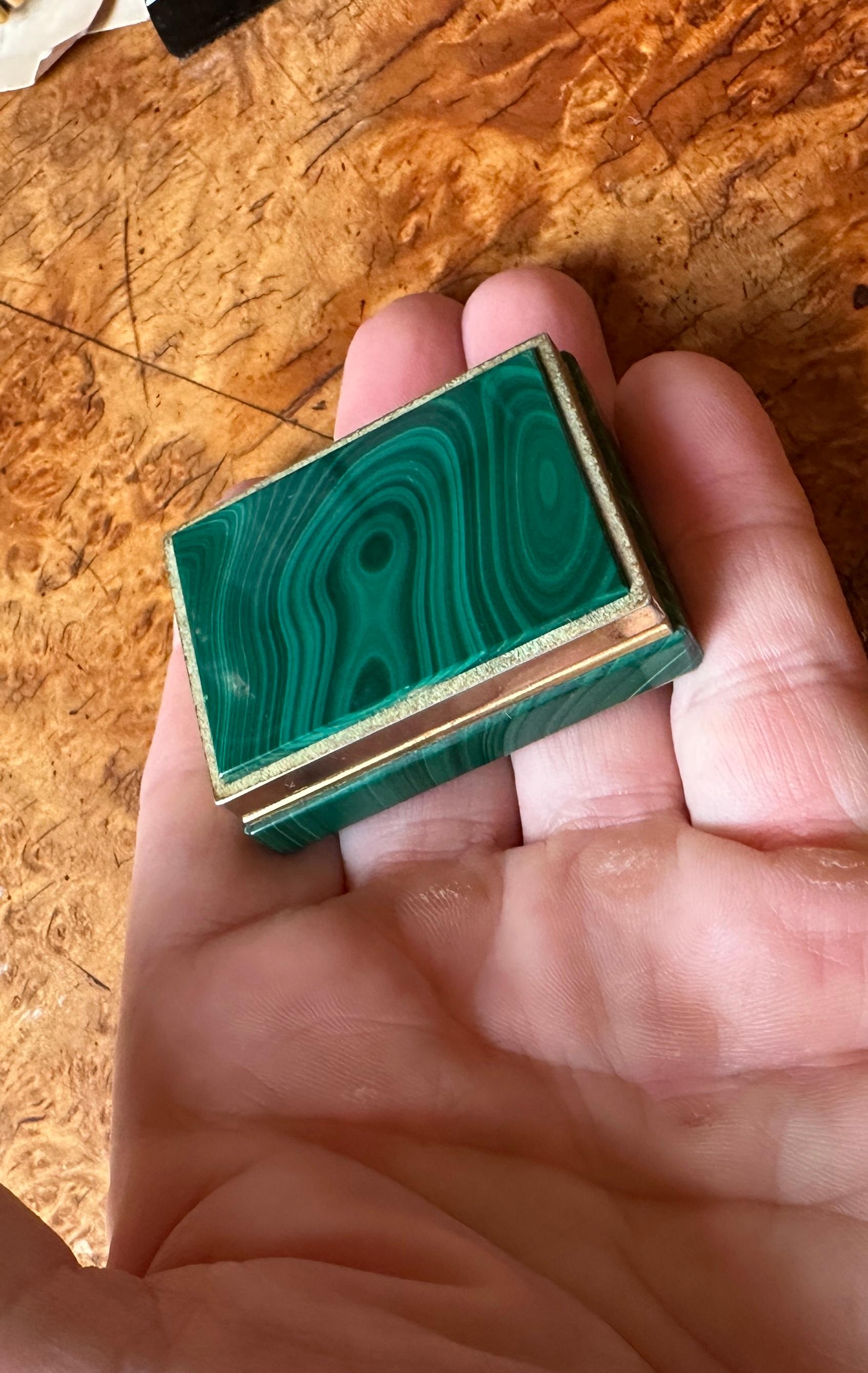 Art Deco Malachite Brass Pill Jewelry Box Antique Lidded For Sale 2