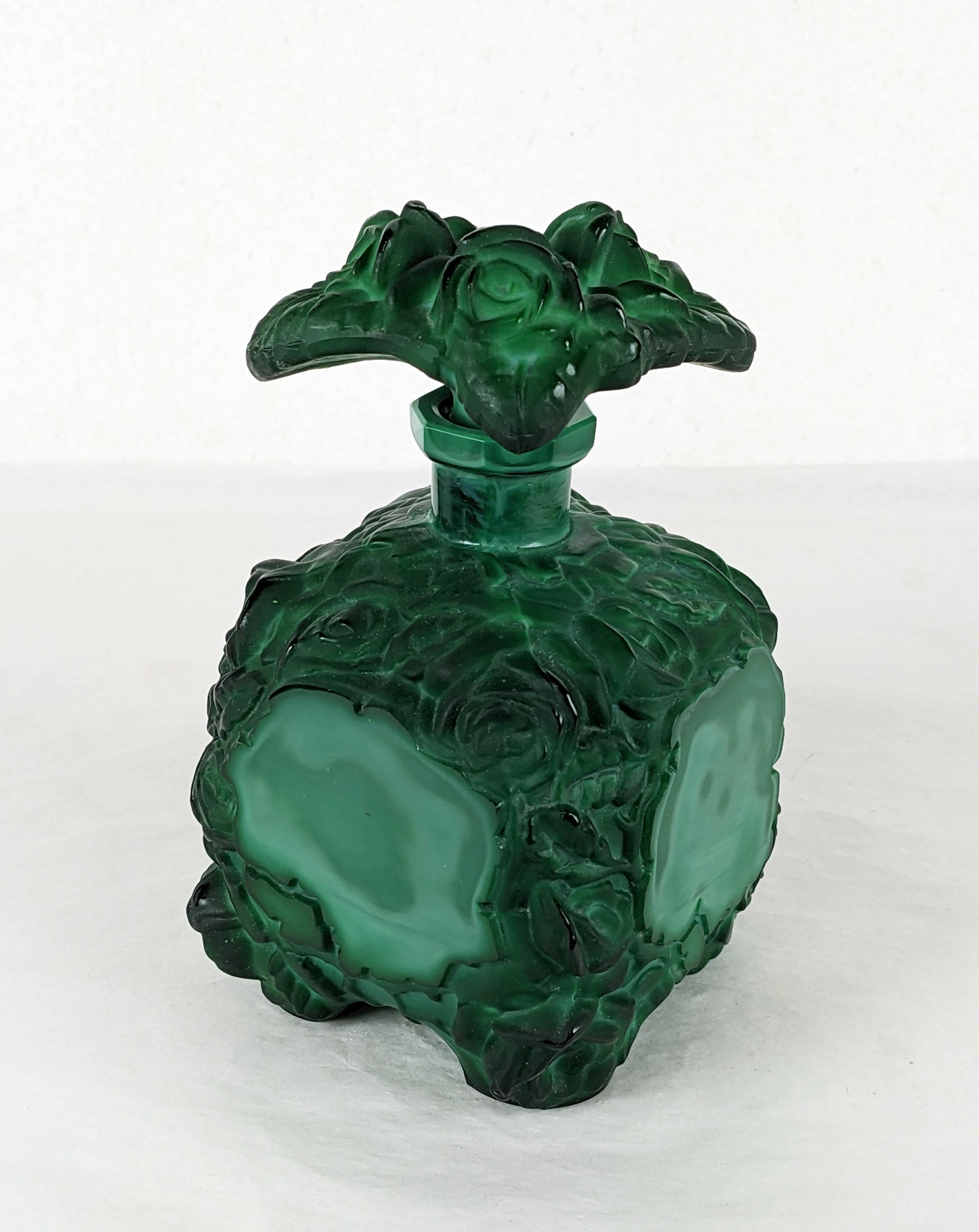 Czech Art Deco Malachite Glass Scent Bottle, Schlevogt Hoffman Ingrid Rose For Sale