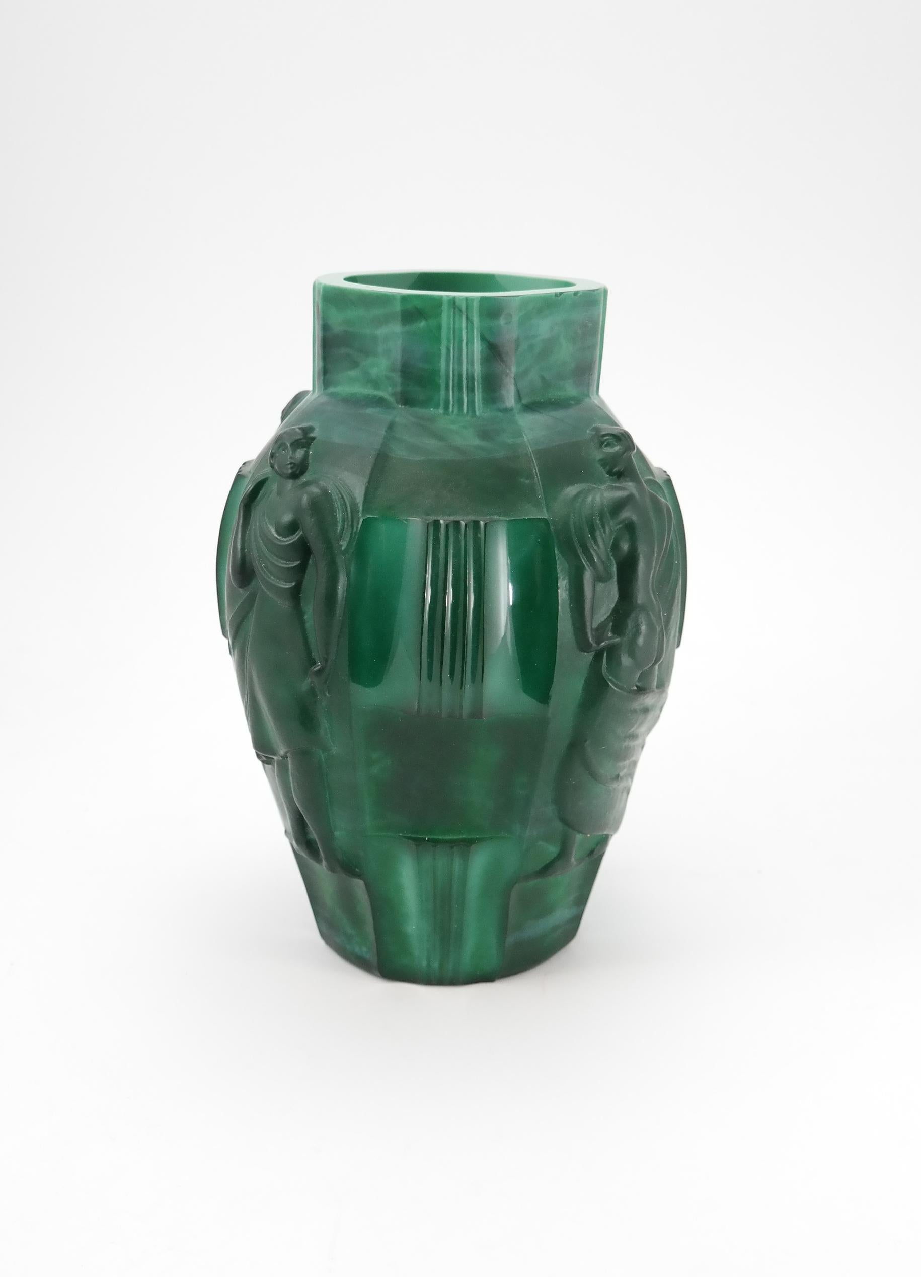 Czech Art Deco Malachite Glass Vase by Artur Pleva for Curt Schlevogt, 1930s