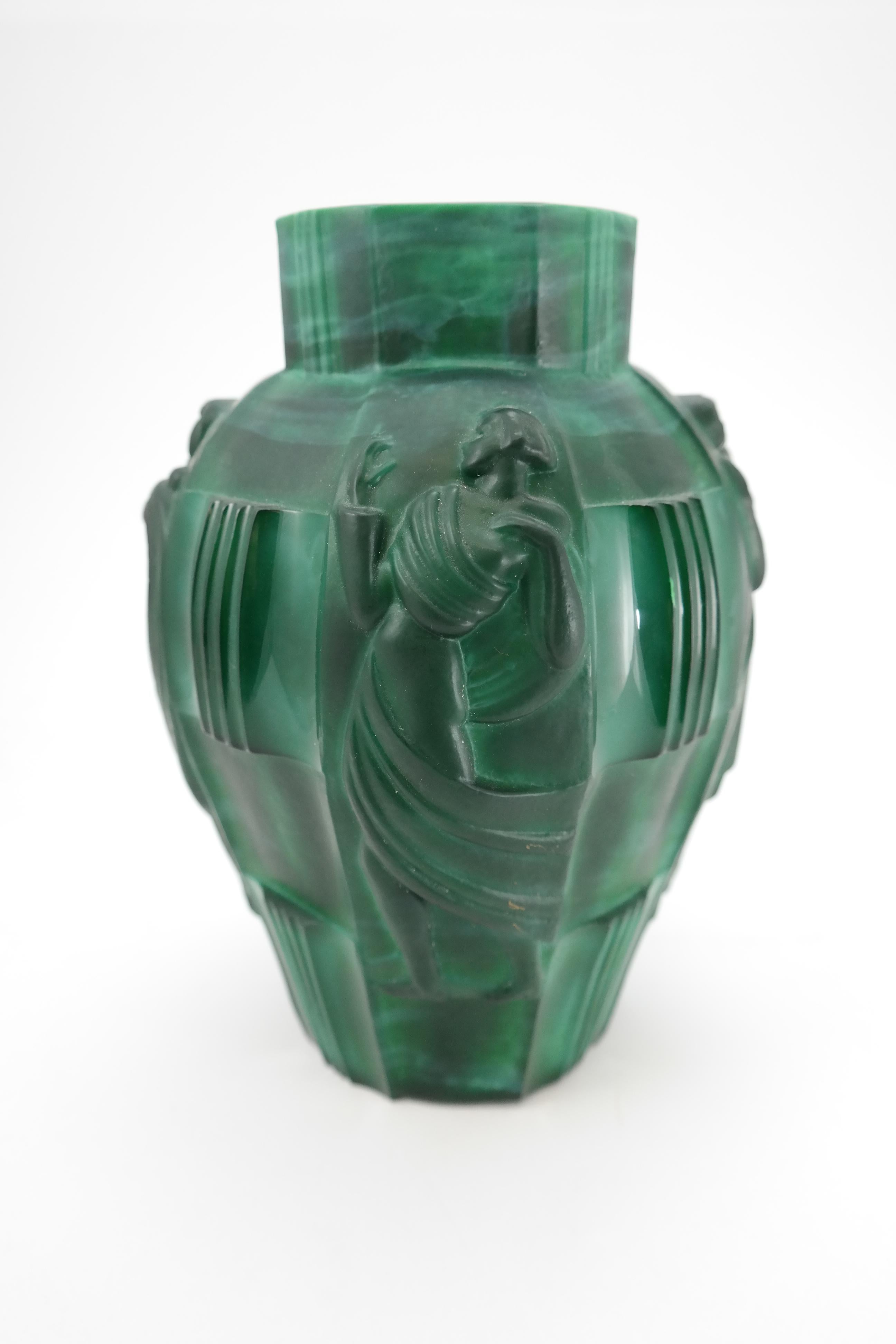 Mid-20th Century Art Deco Malachite Glass Vase by Artur Pleva for Curt Schlevogt, 1930s