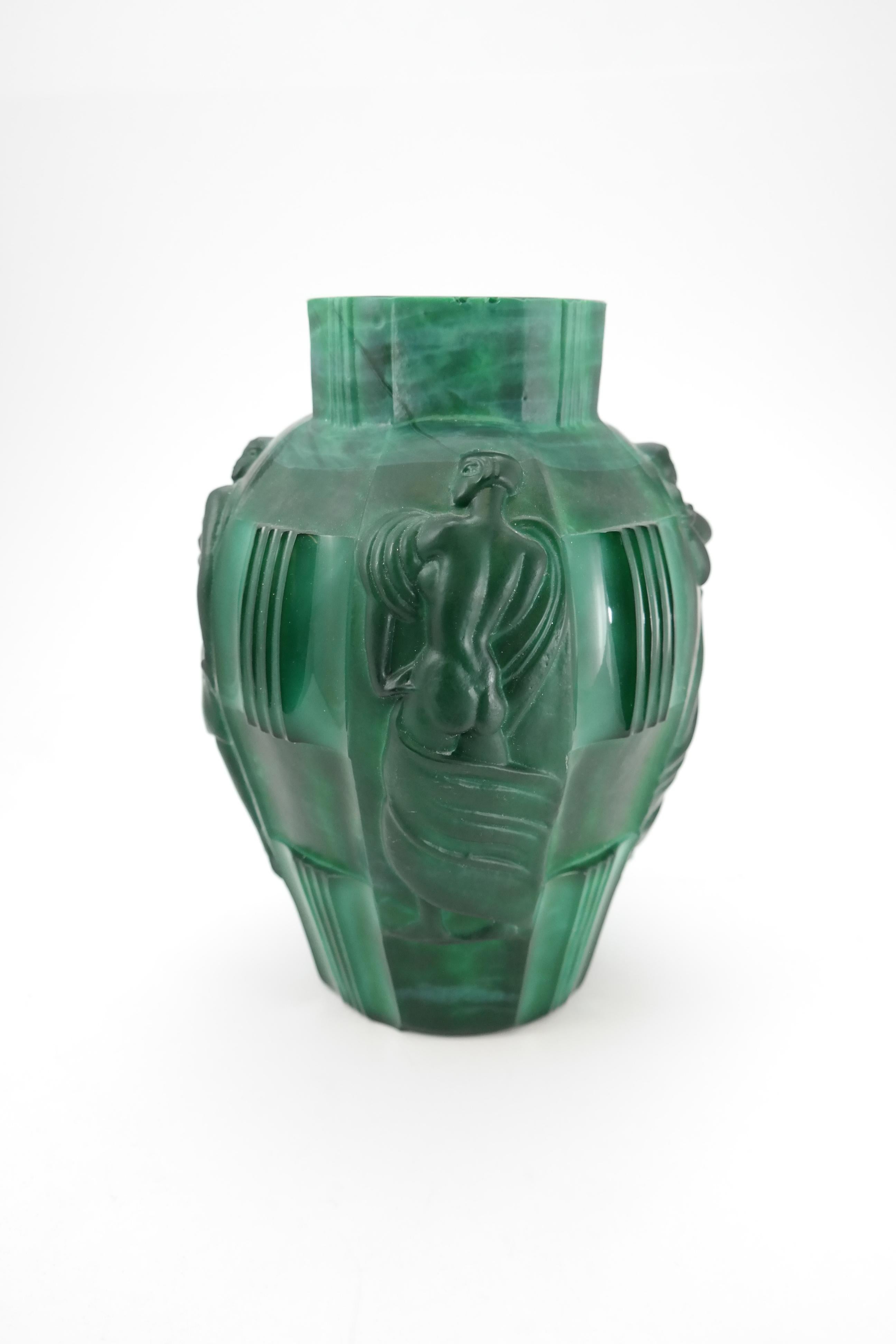 Art Deco Malachite Glass Vase by Artur Pleva for Curt Schlevogt, 1930s 2