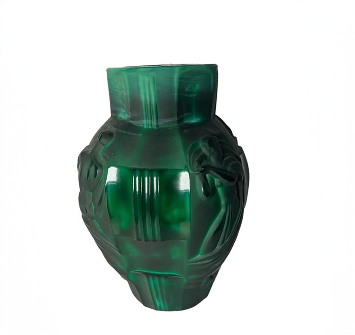Czech Art Deco Malachite Glass Vase By Schlevogt For Sale