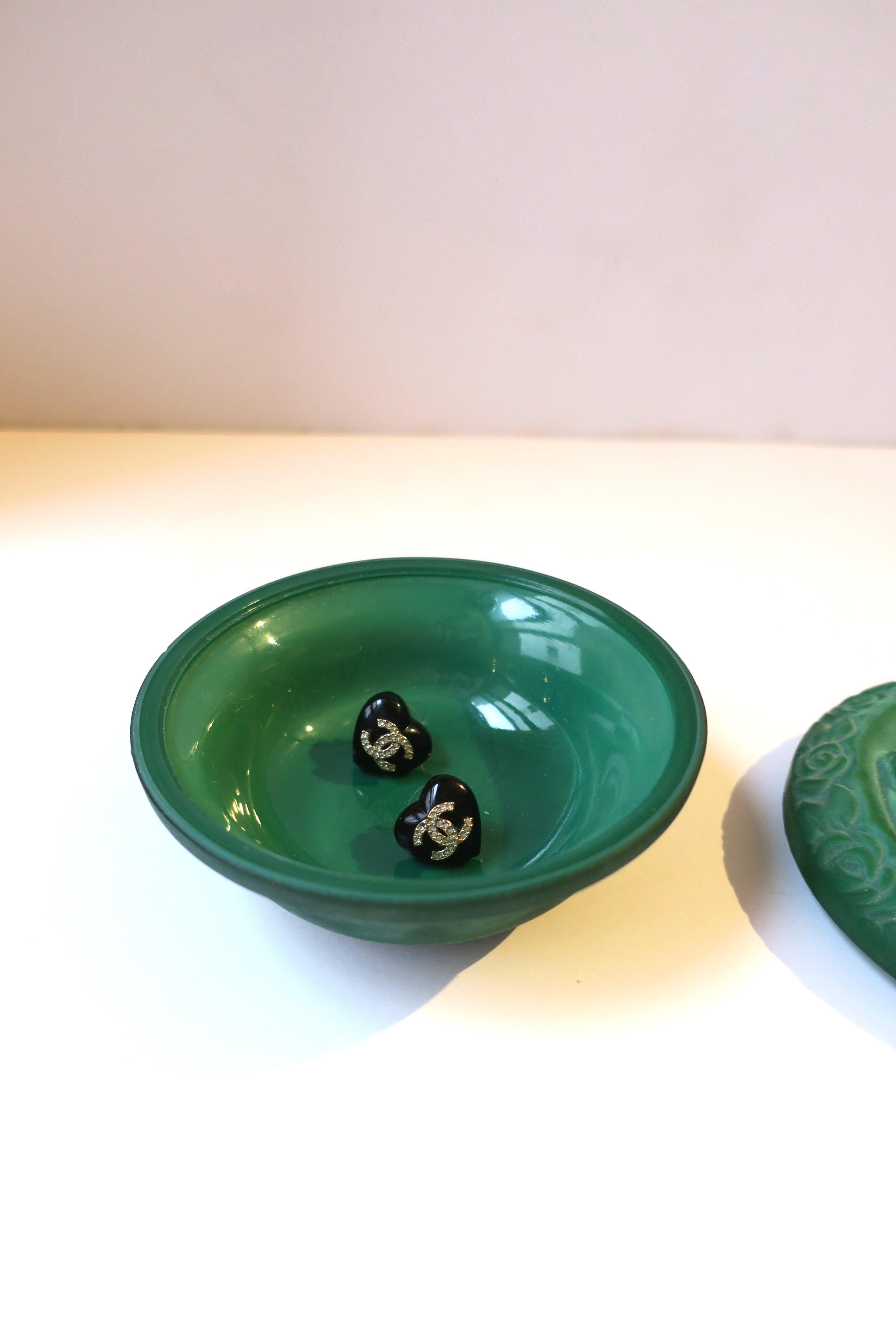 Art Deco Malachite Green Bohemian Glass Box with Nude Female Figure, Czech In Good Condition For Sale In New York, NY