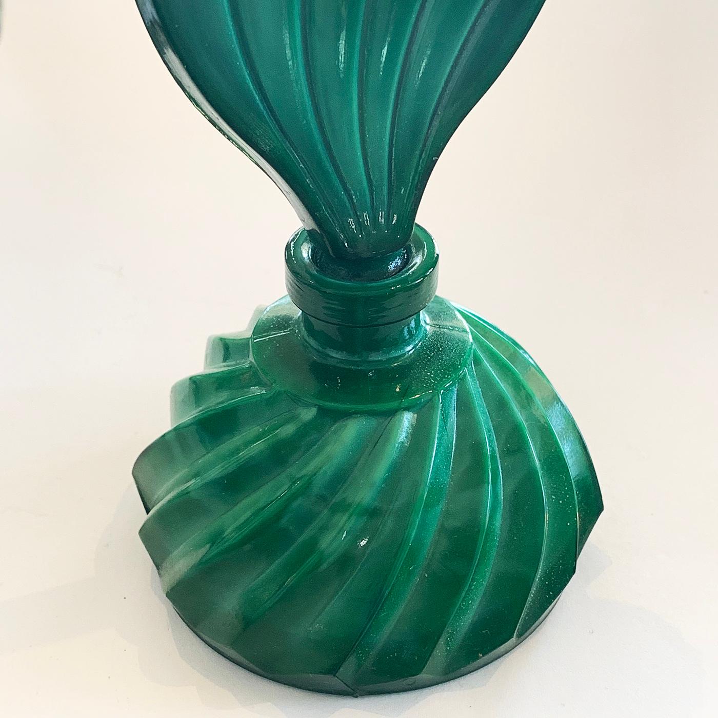 Art Deco Czechoslovakian green malachite glass perfume flask, all in perfect condition, including the stopper and neck seal. The bottle base is in the shape of a tapering twist reeding sides, and the stopper is in the shape of a feather above the