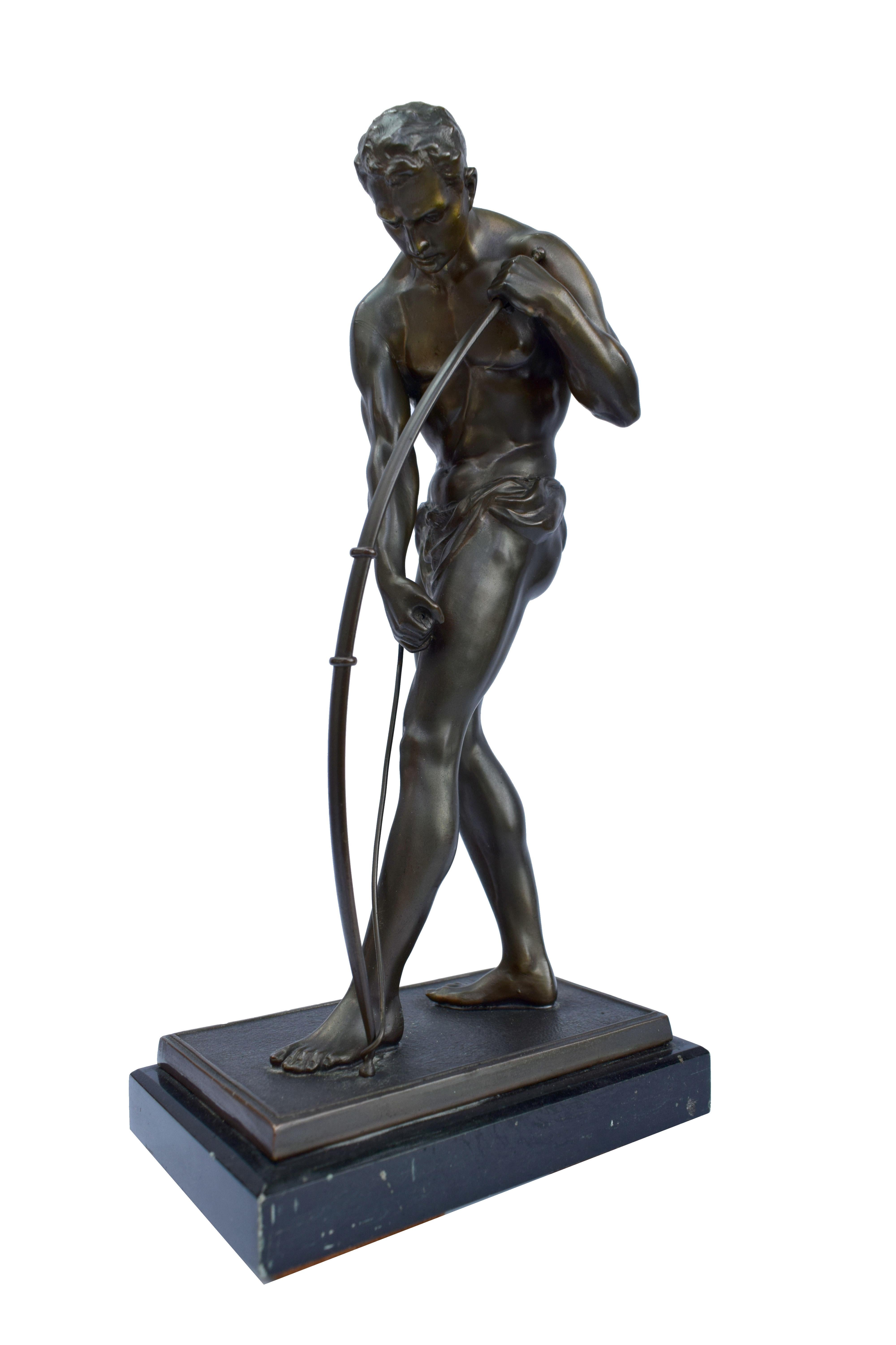 Superb 1930s Art Deco bronze male semi nude figure on black Belgian marble base. Not signed but very much in the style of J. de Roncourt who specialized in archers. Condition is excellent no flaws to mention. Protective base has been added to the