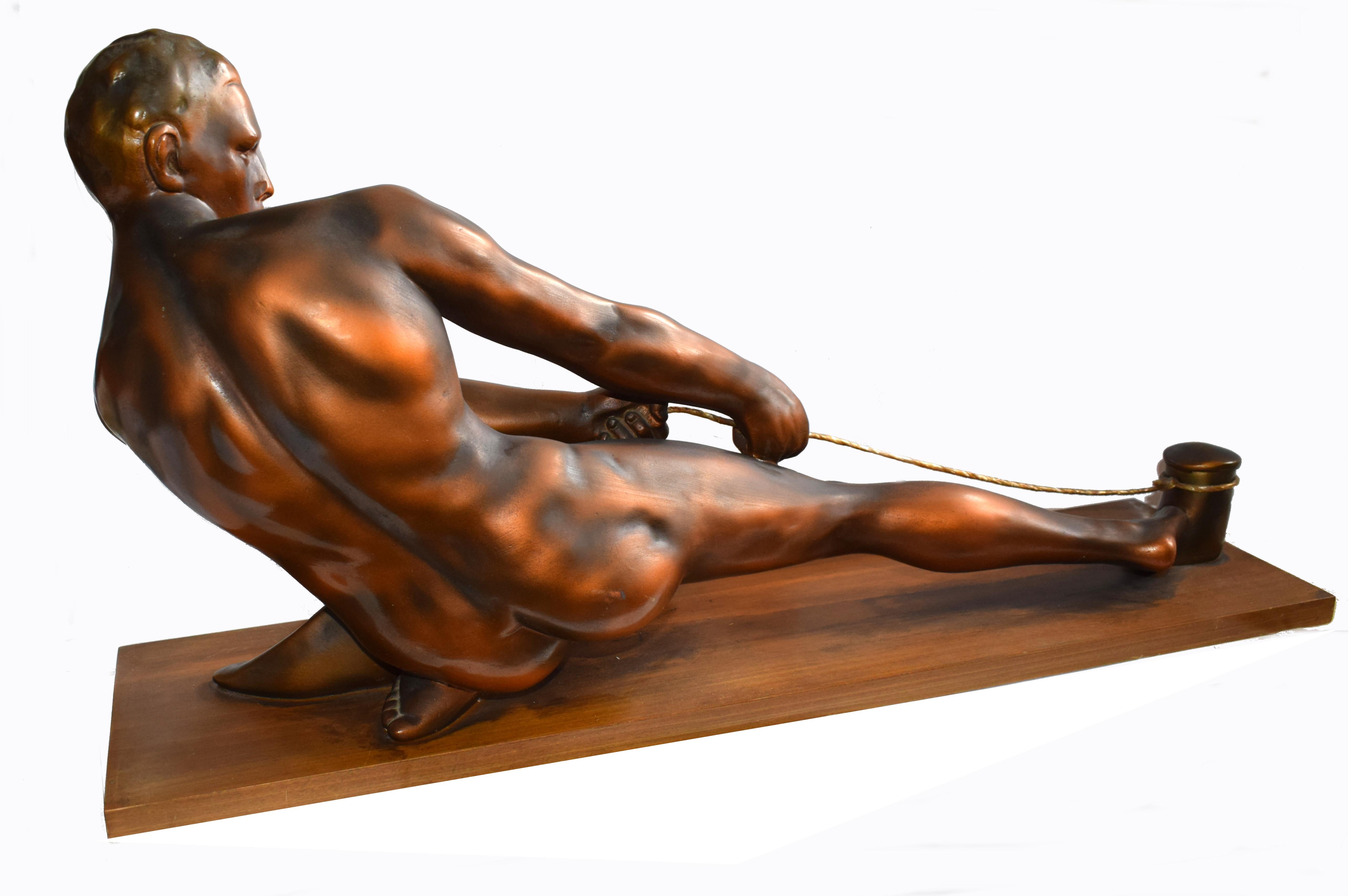 Art Deco Male Figure ' the Rope Puller', circa 1930s In Good Condition In Devon, England