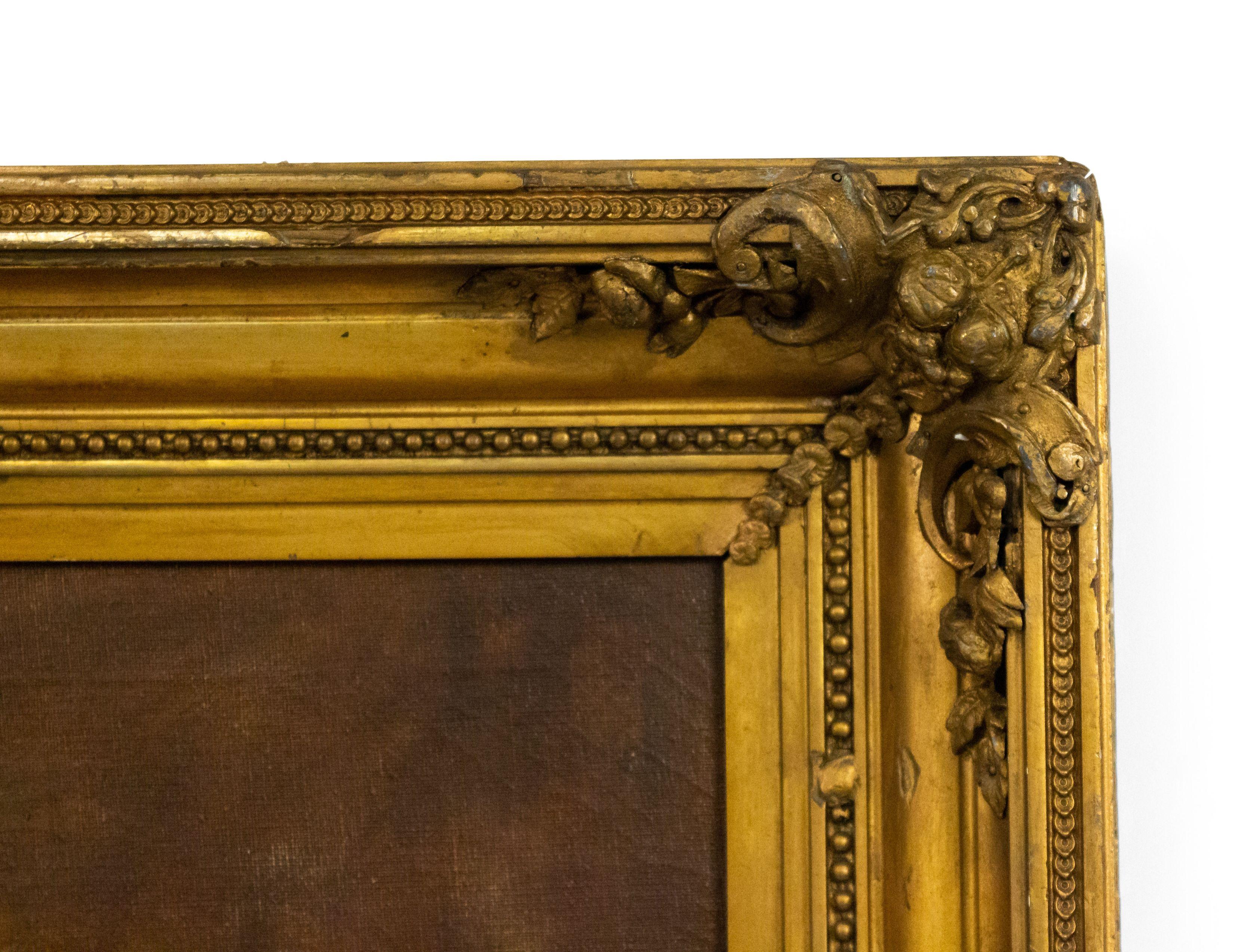Gilt framed oil painting portrait of man in brown suit and red tie.
