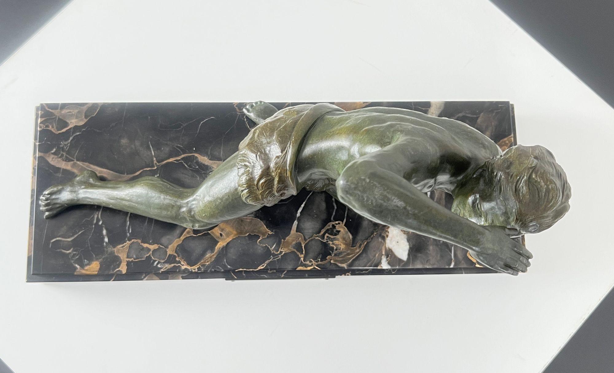 Art Deco Male Sculpture, Spelter, Marble, France circa 1930 For Sale 4