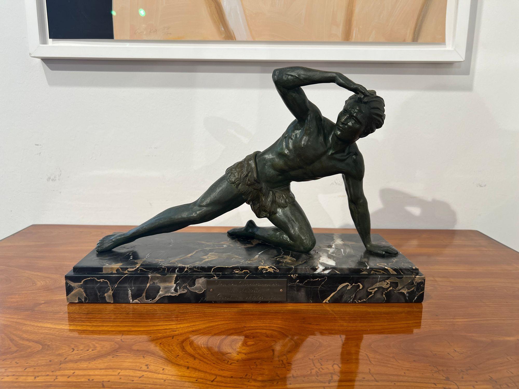 French Art Deco Male Sculpture, Spelter, Marble, France circa 1930 For Sale