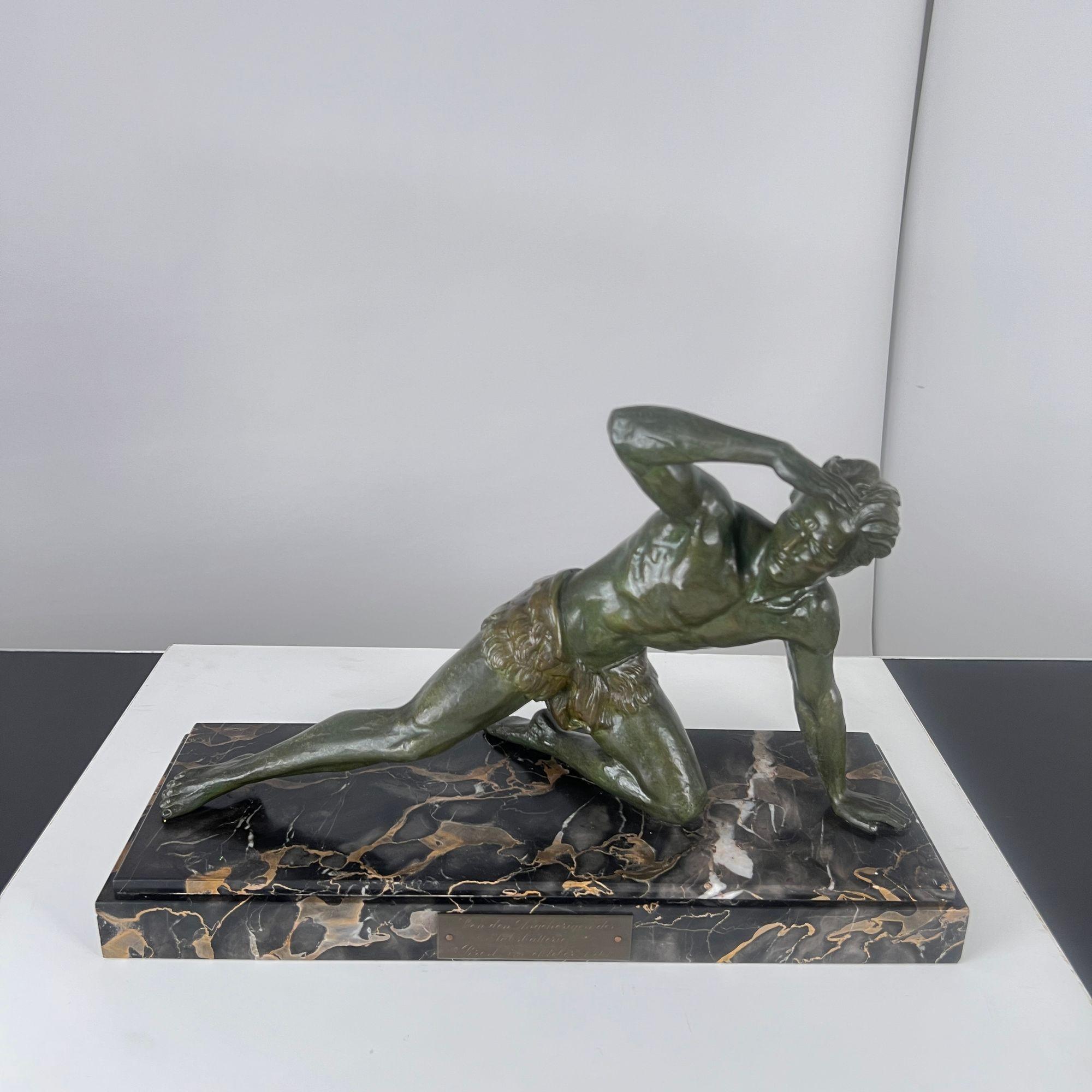 Art Deco Male Sculpture, Spelter, Marble, France circa 1930 In Good Condition For Sale In Regensburg, DE