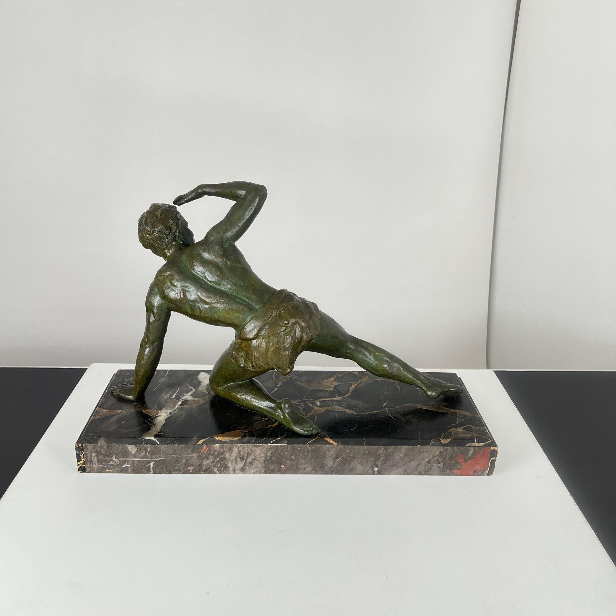 Mid-20th Century Art Deco Male Sculpture, Spelter, Marble, France circa 1930 For Sale