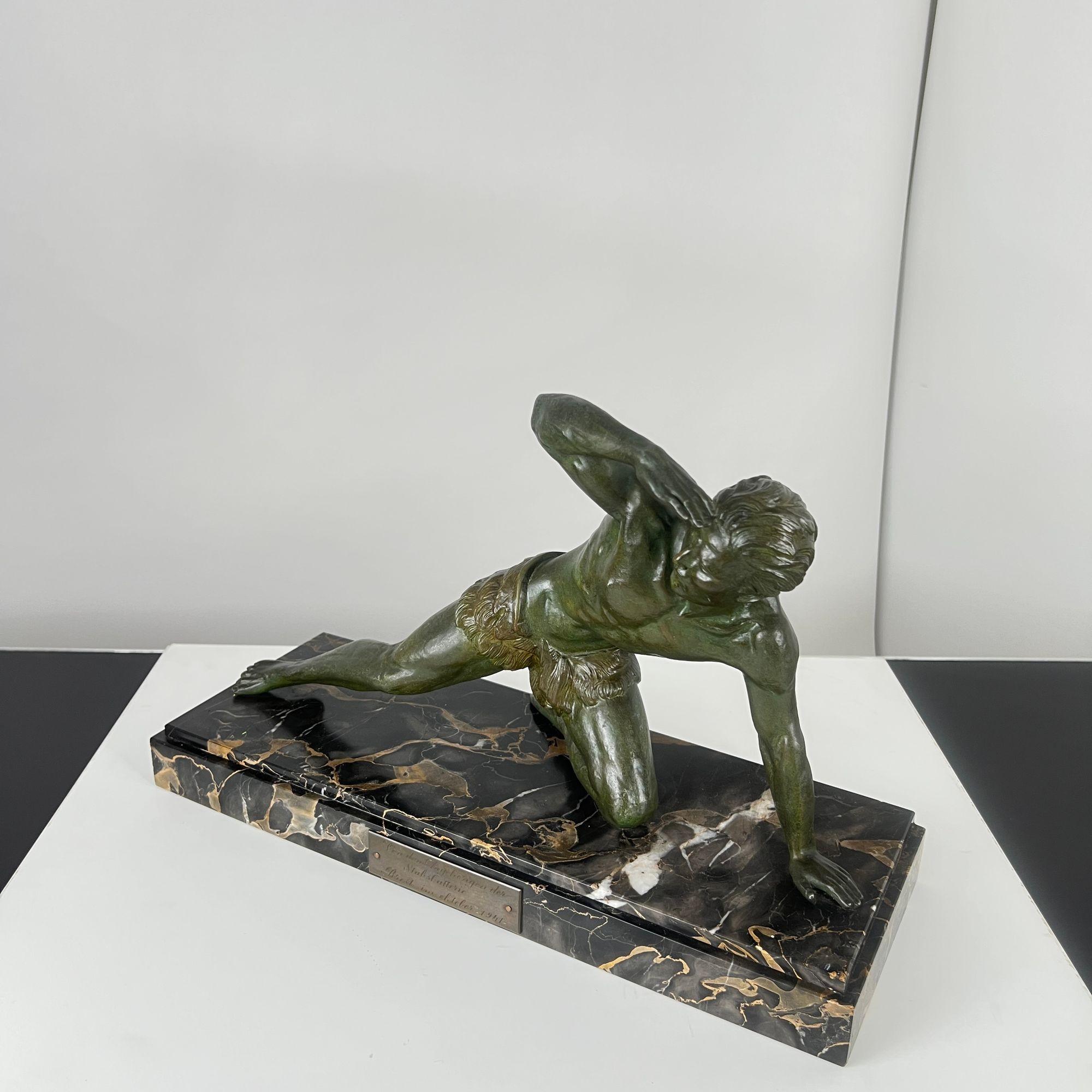 Bronze Art Deco Male Sculpture, Spelter, Marble, France circa 1930 For Sale