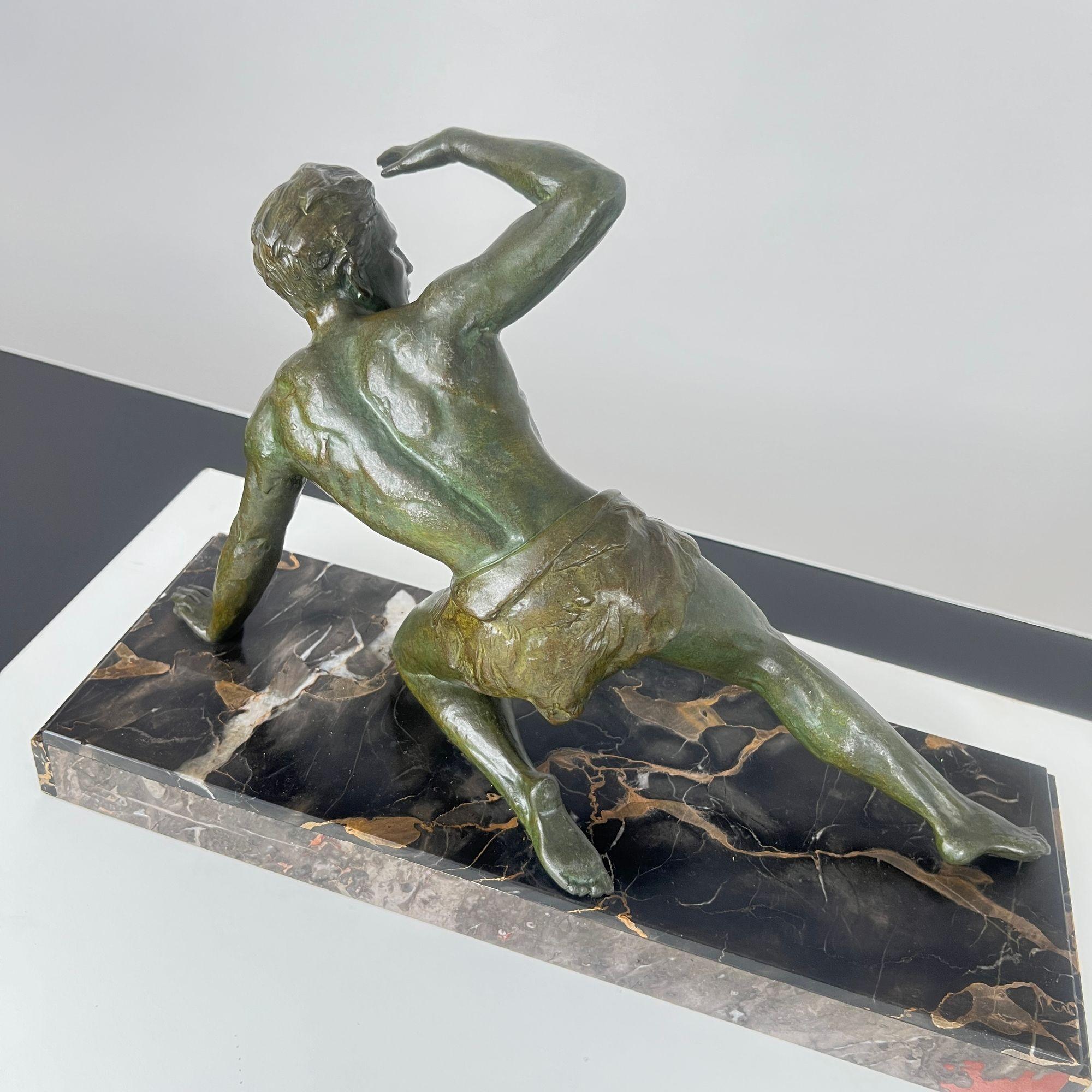 Art Deco Male Sculpture, Spelter, Marble, France circa 1930 For Sale 1