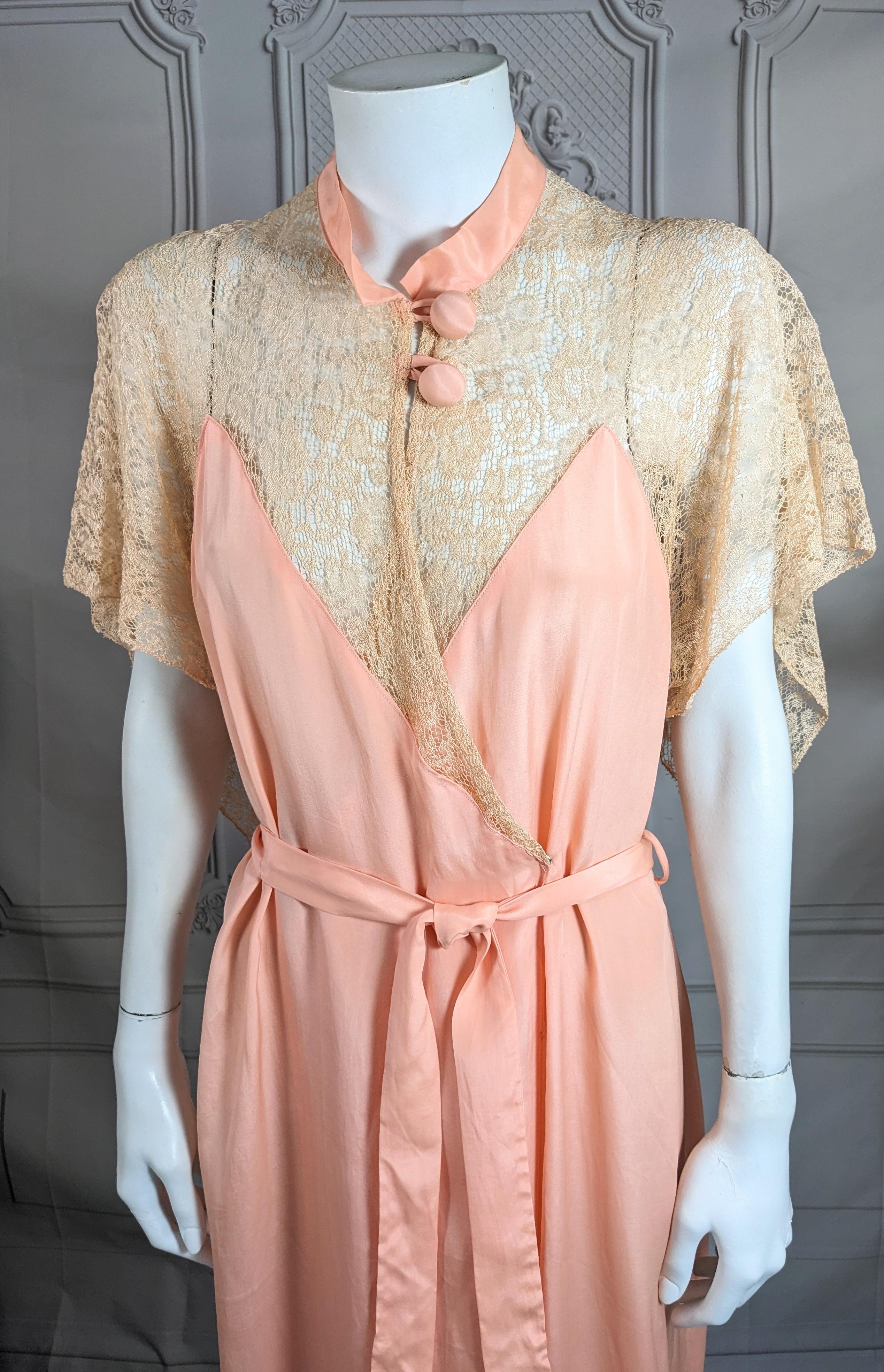 Beige Art Deco Mandarin Collar Lingerie Wrap Dress For Sale