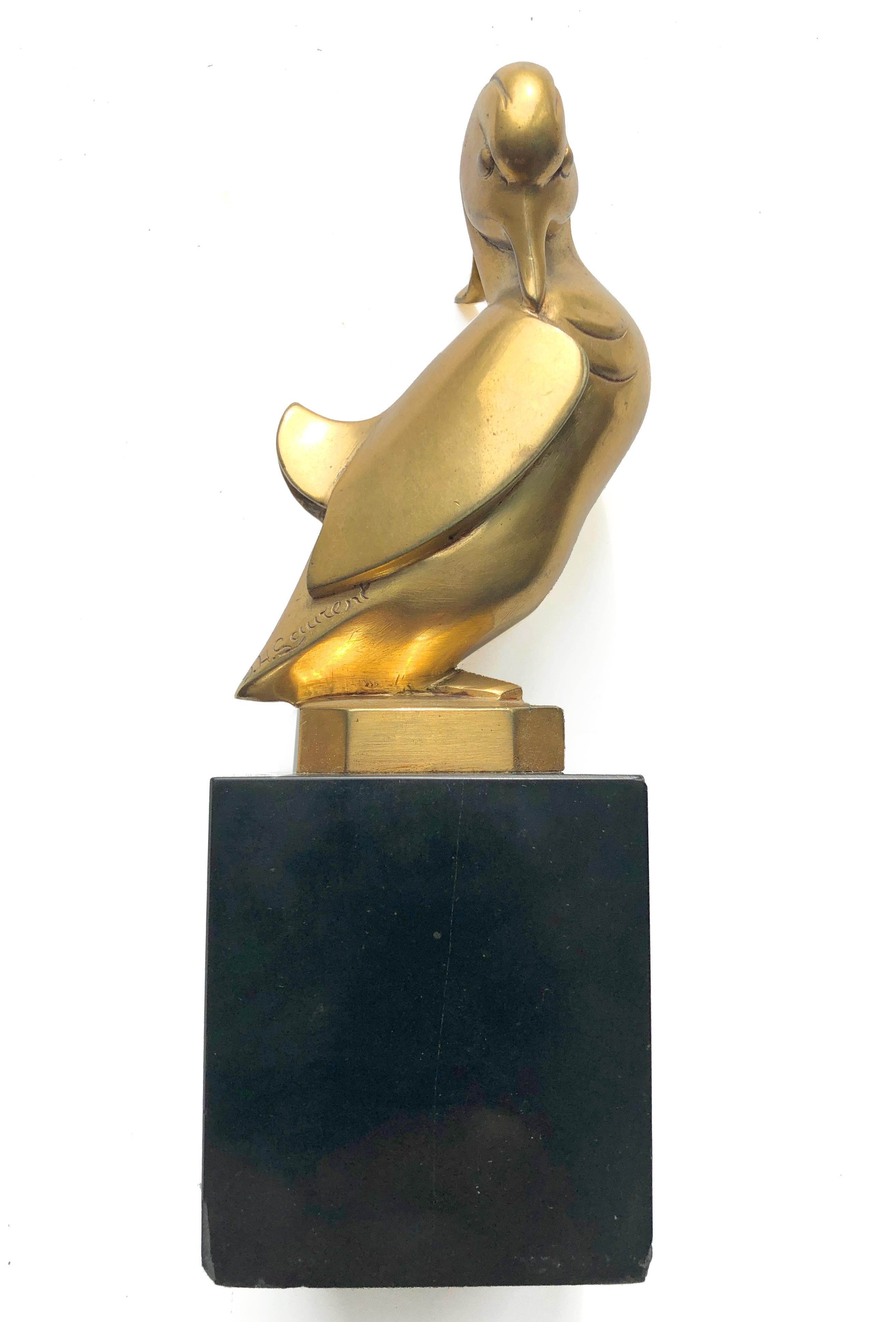 Early 20th Century Art Deco Mandarin Duck Sculpture in Brass by Georges H. Laurent For Sale