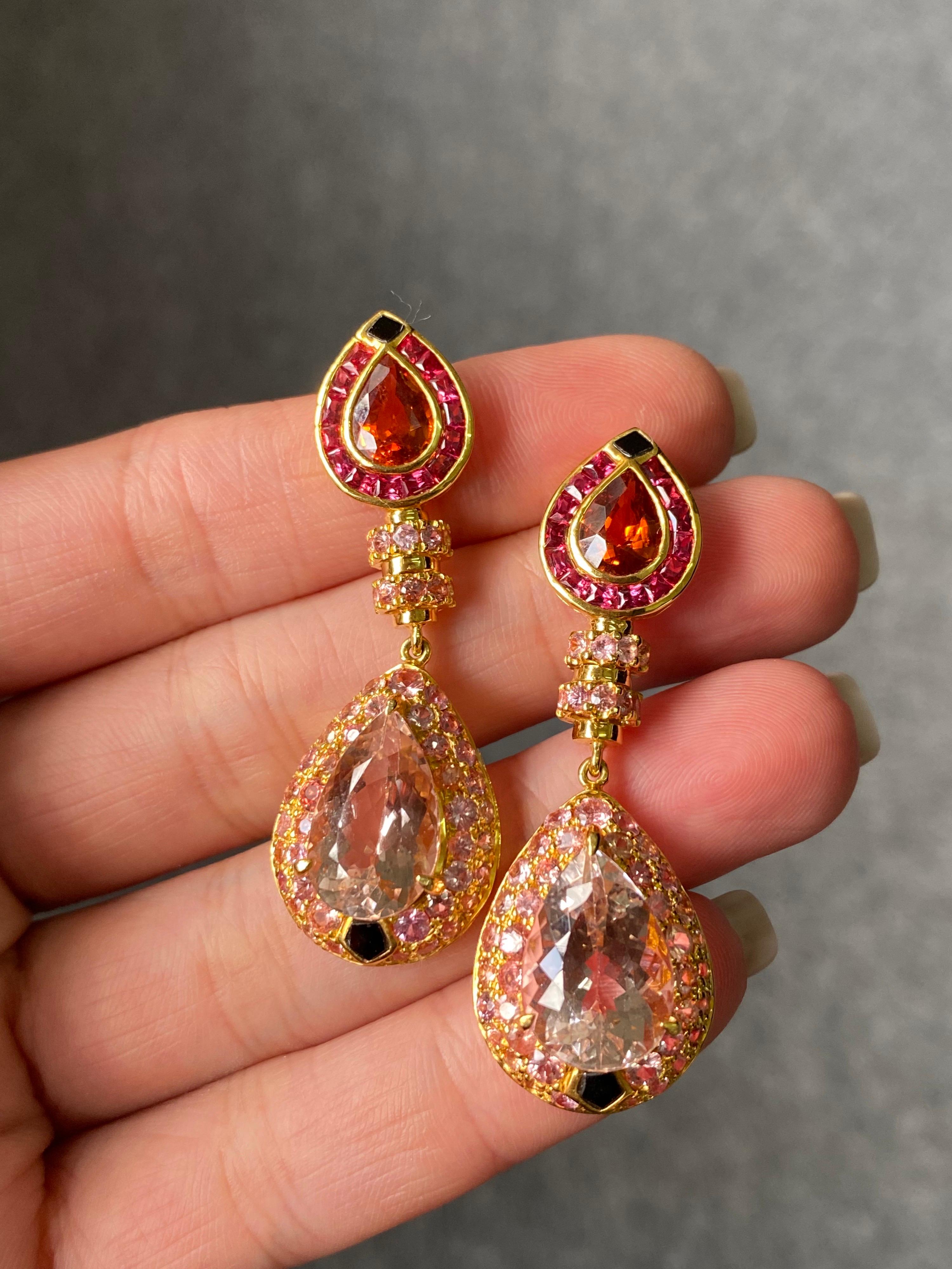 Art Deco Mandarin Garnet and Kunzite Dangle Earrings For Sale 1