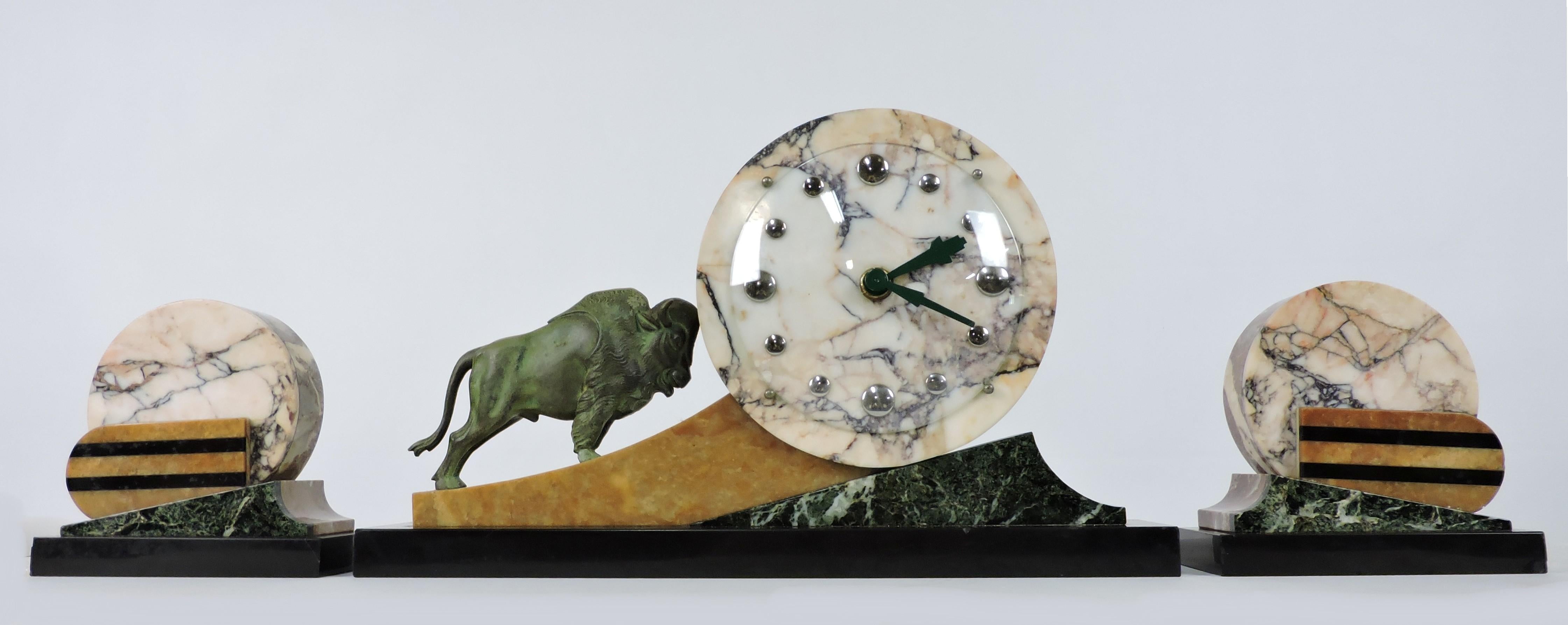 Art Deco Mantel Clock 3 Piece Garniture Set Marble with Bronze Bull For Sale 5