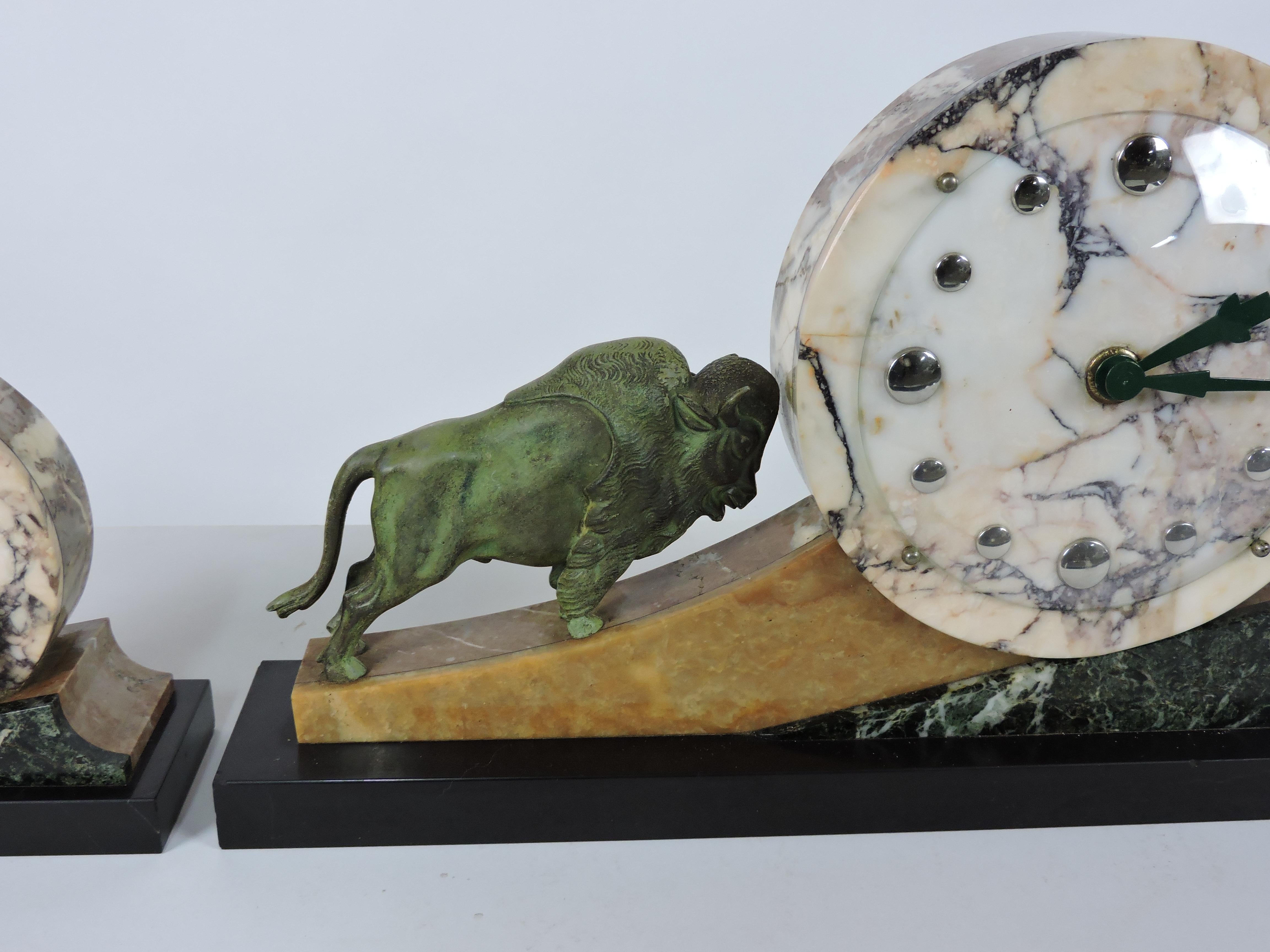 French Art Deco Mantel Clock 3 Piece Garniture Set Marble with Bronze Bull For Sale