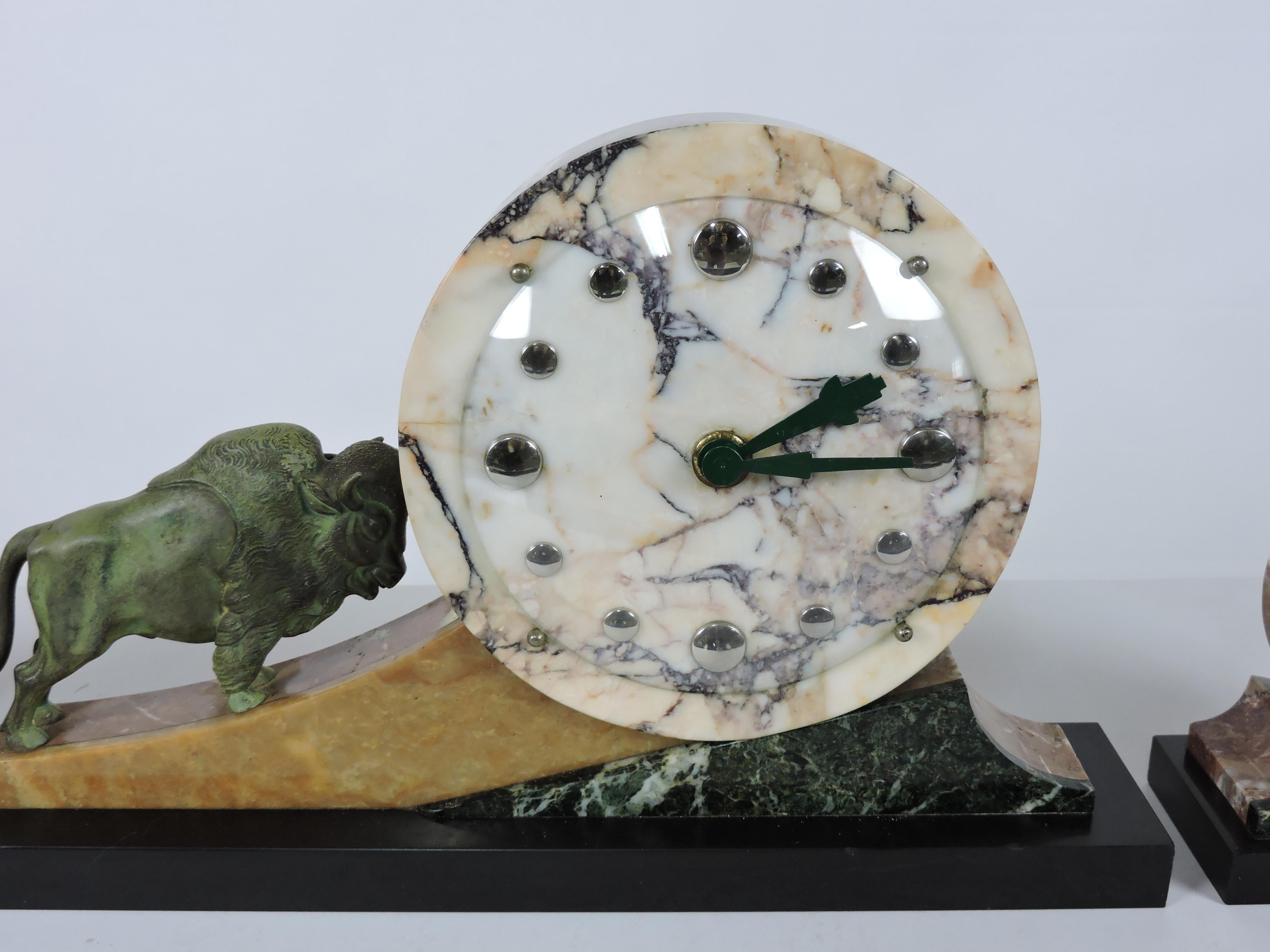 Art Deco Mantel Clock 3 Piece Garniture Set Marble with Bronze Bull In Good Condition For Sale In Chesterfield, NJ
