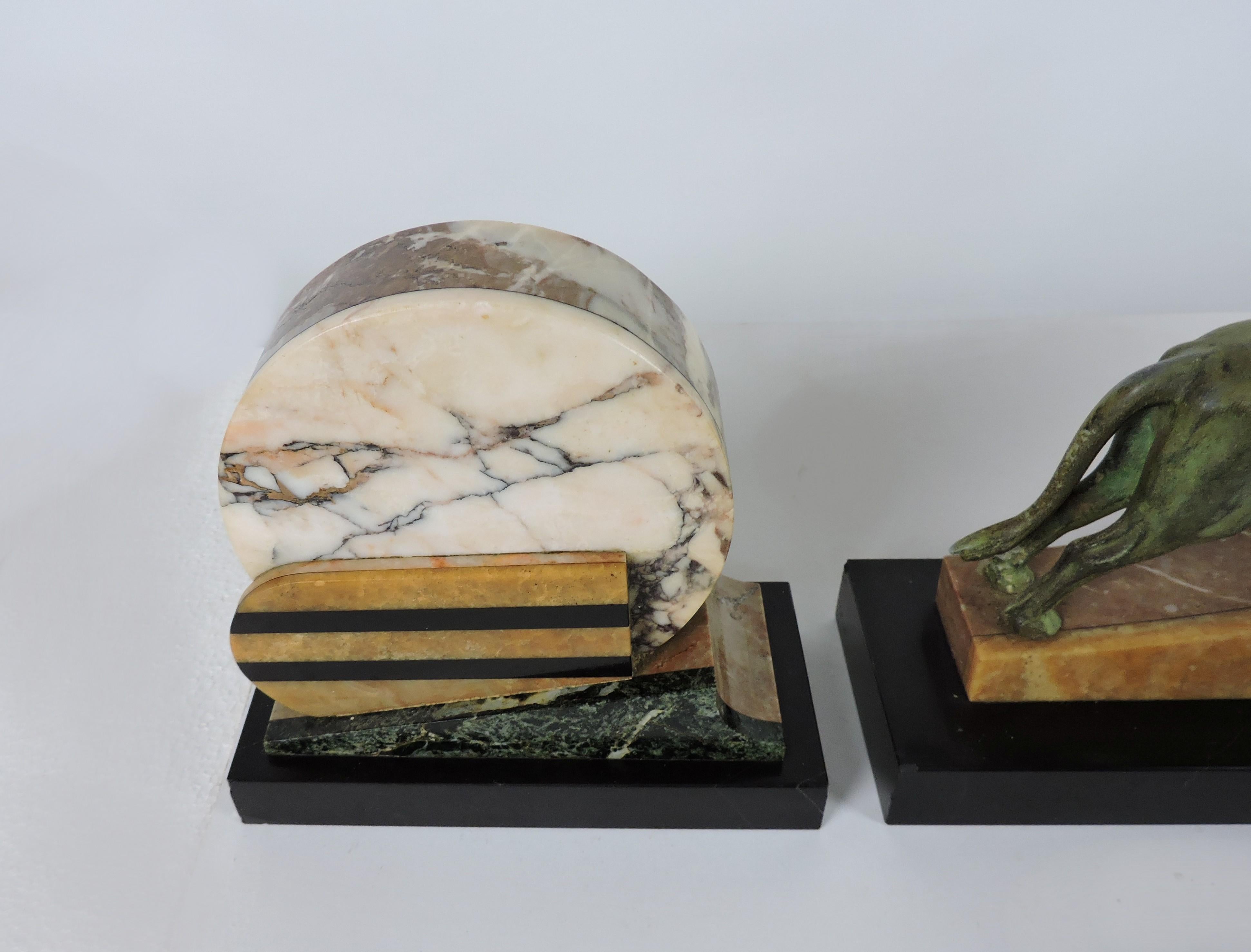 Mid-20th Century Art Deco Mantel Clock 3 Piece Garniture Set Marble with Bronze Bull For Sale