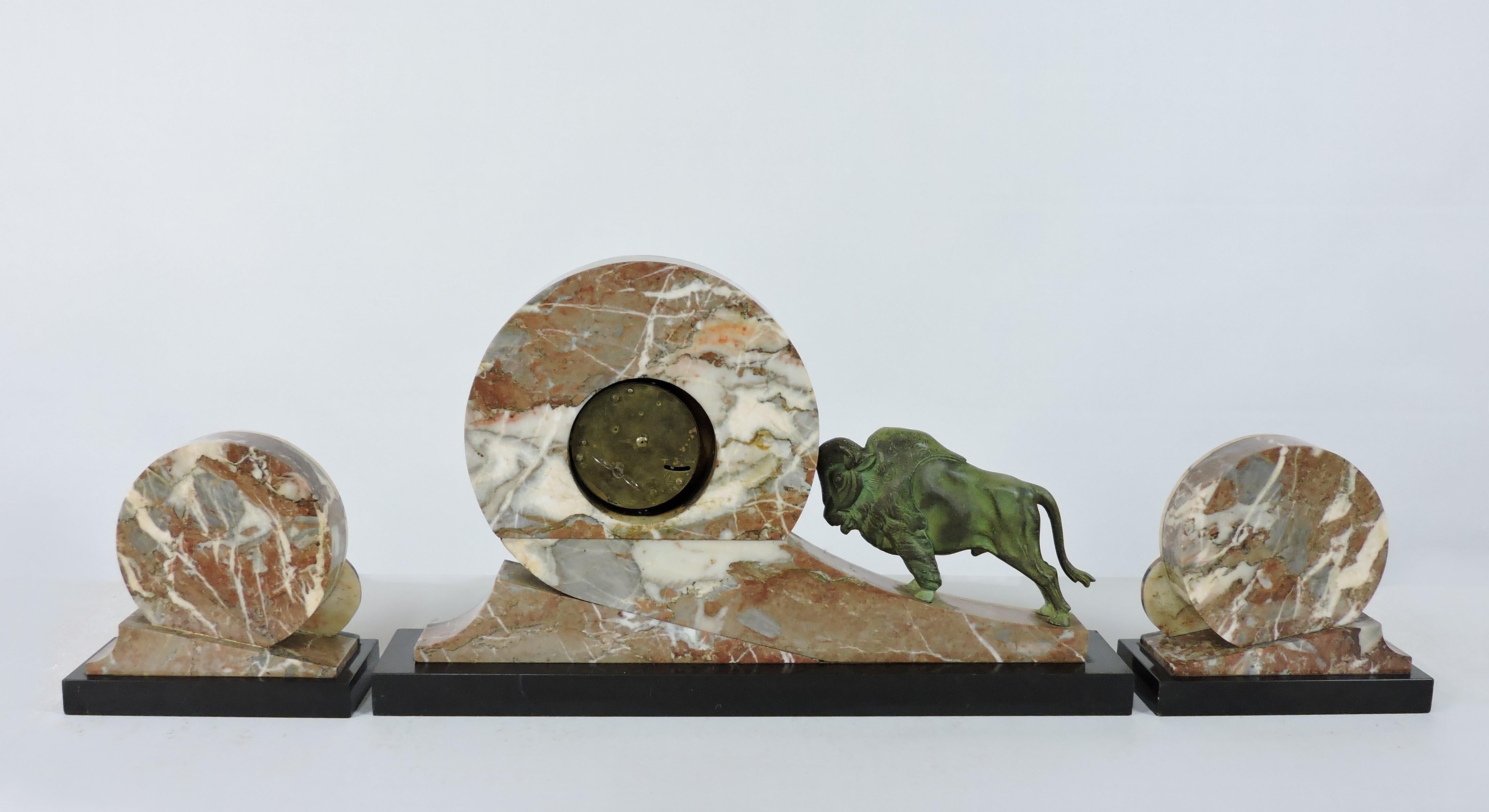 Art Deco Mantel Clock 3 Piece Garniture Set Marble with Bronze Bull For Sale 2