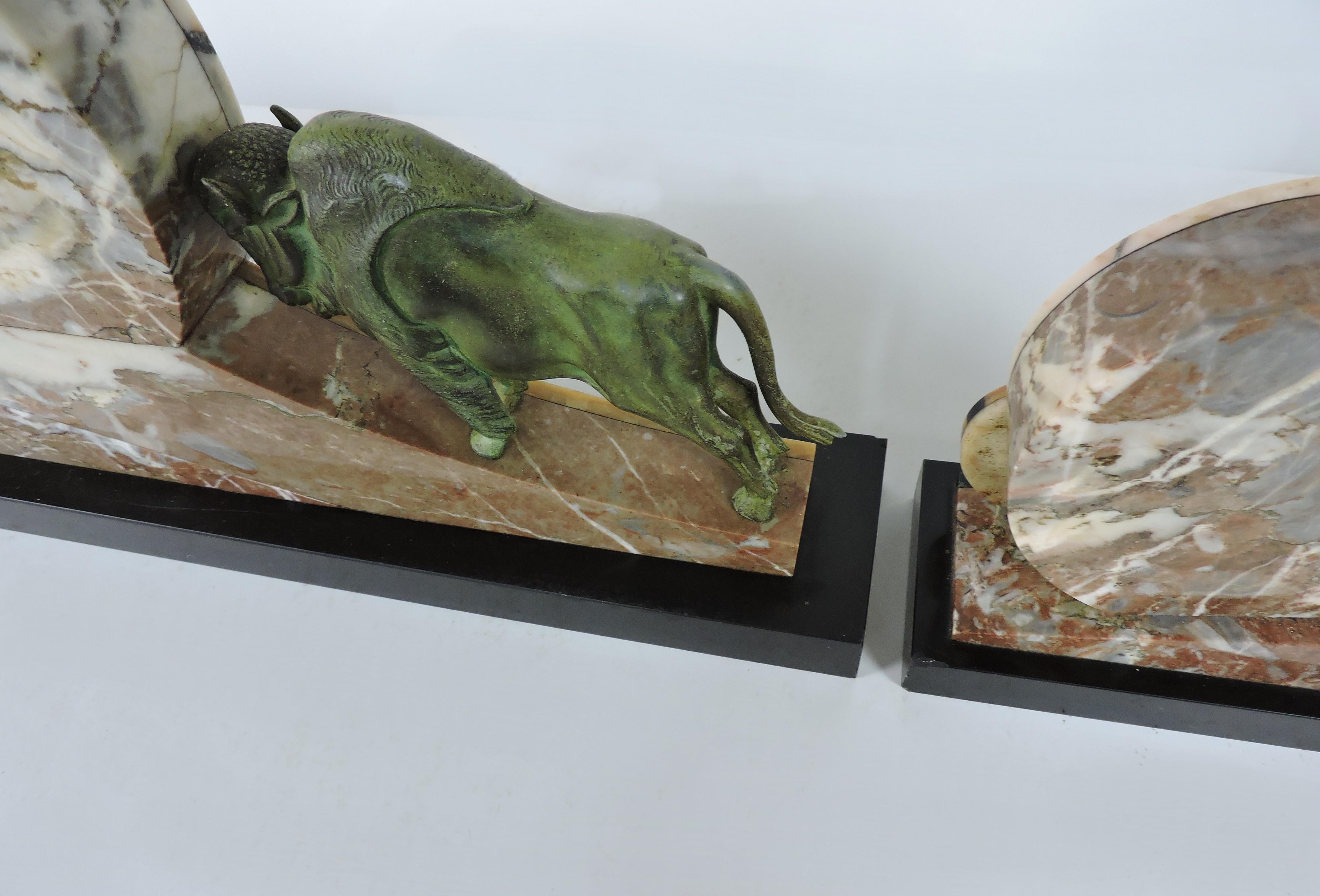Art Deco Mantel Clock 3 Piece Garniture Set Marble with Bronze Bull For Sale 3