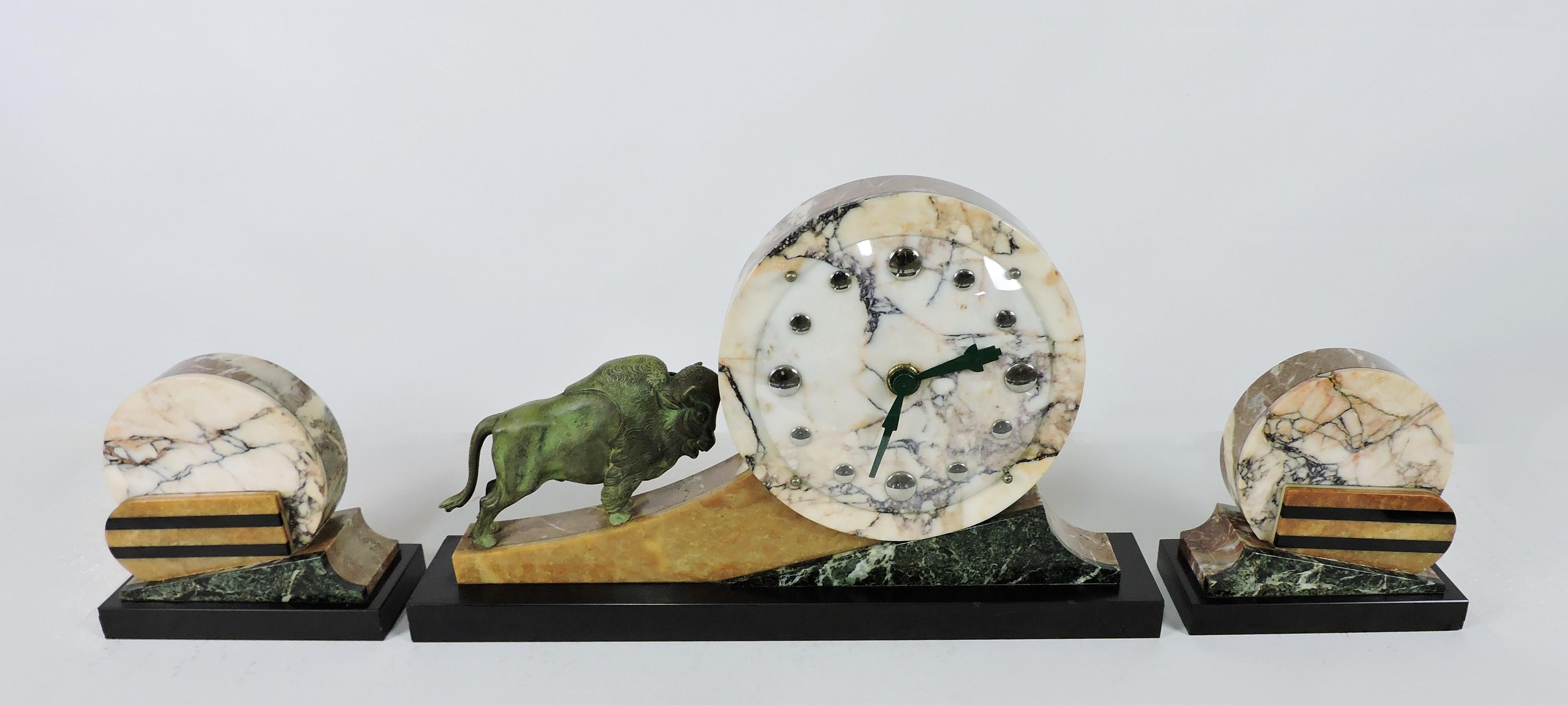 Art Deco Mantel Clock 3 Piece Garniture Set Marble with Bronze Bull For Sale 4