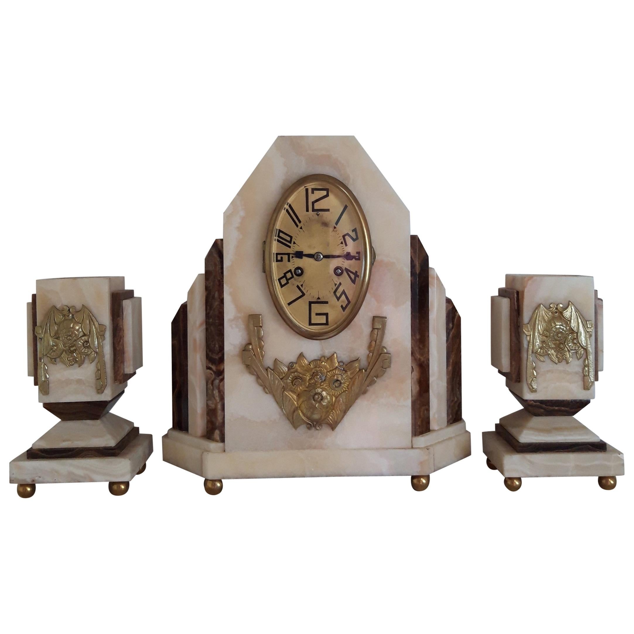 Art Deco Mantel Clock and Cups For Sale