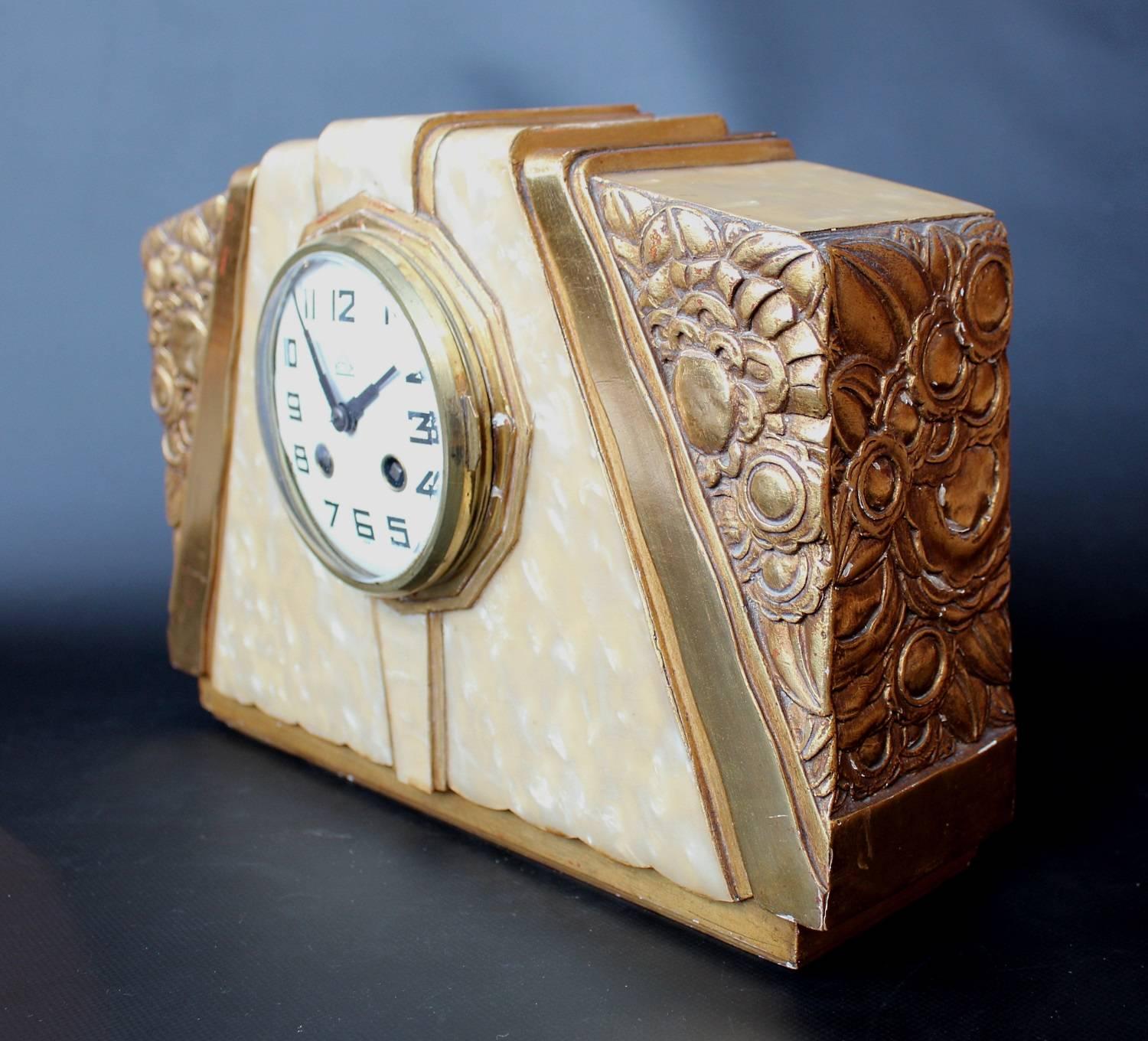 Gilt Art Deco Mantel Clock Attributed to Süe et Mare 8 Day Movement French circa 1925