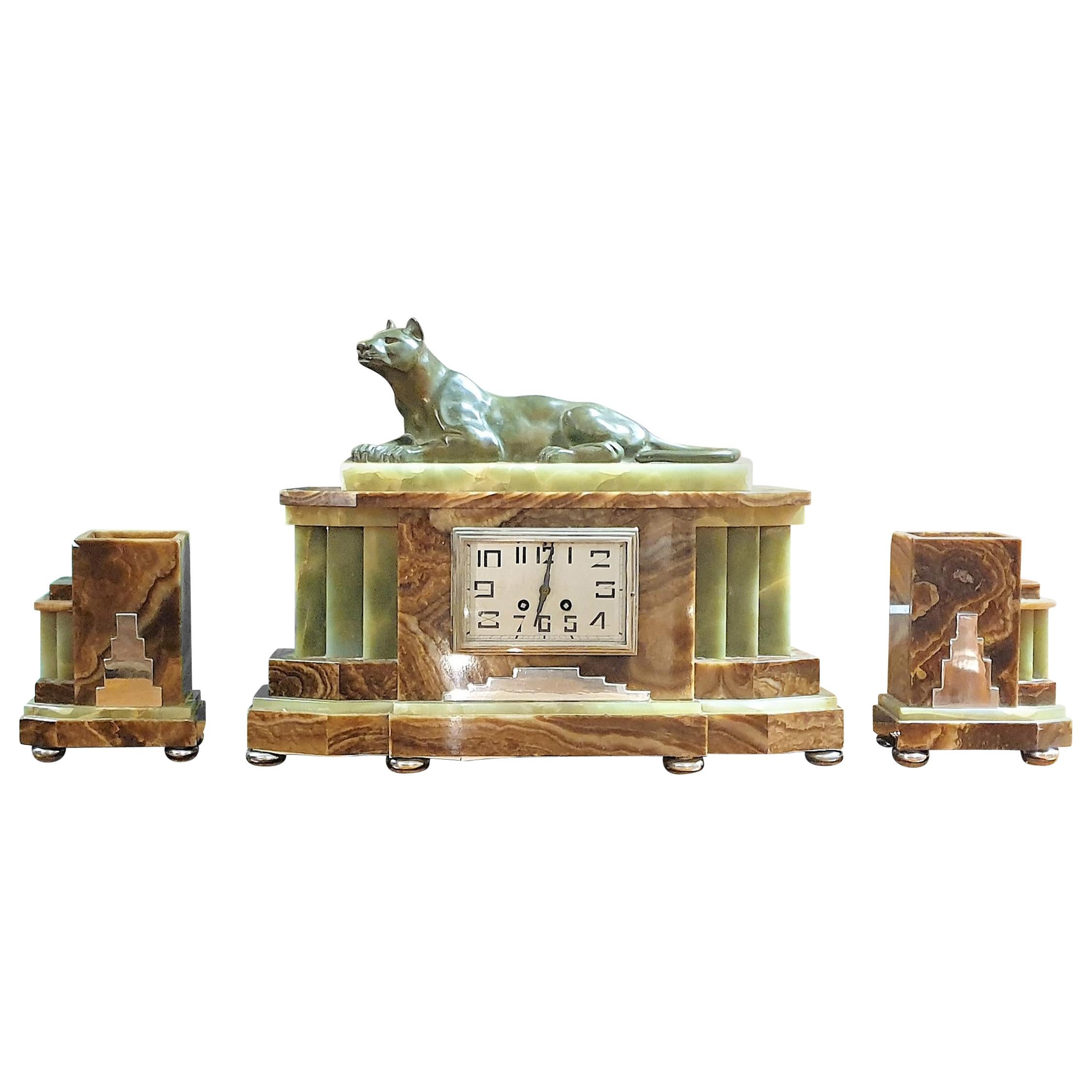 Art Deco Mantel Clock Garniture with Panther For Sale