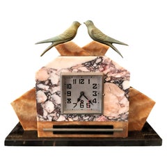 Art Deco Mantel Clock in Marble with Love Birds in Bronze Patina, 1930s