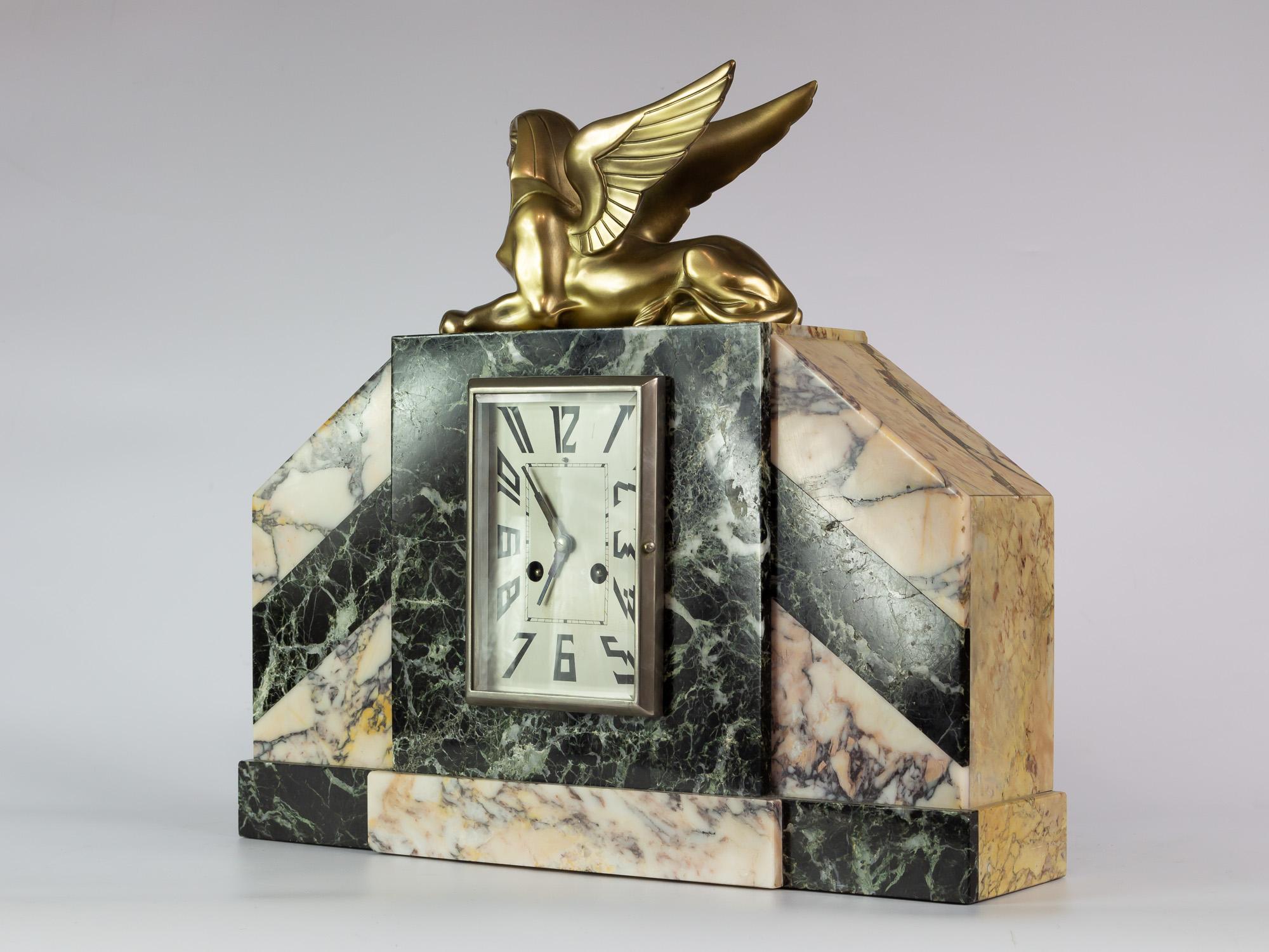 Art Deco Mantel Clock Set with Sphinx Bronze Sculpture 3