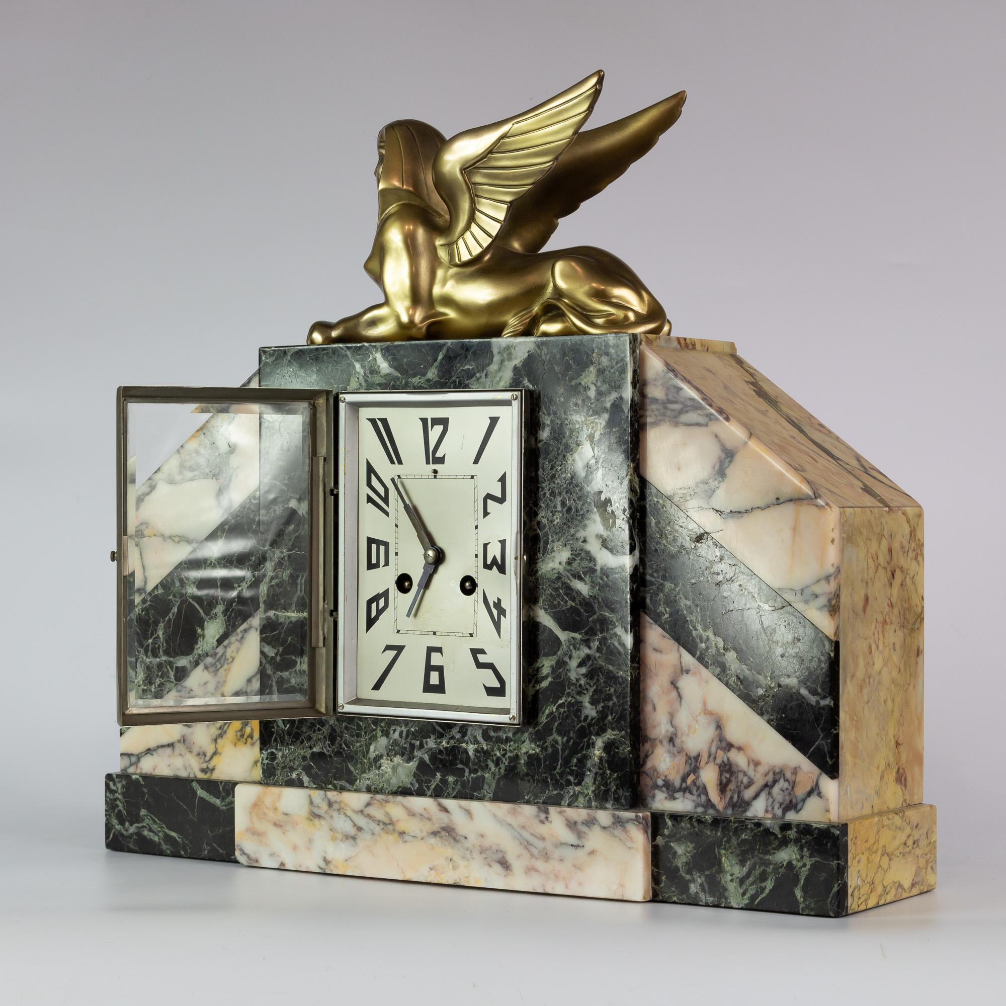 Art Deco Mantel Clock Set with Sphinx Bronze Sculpture 4