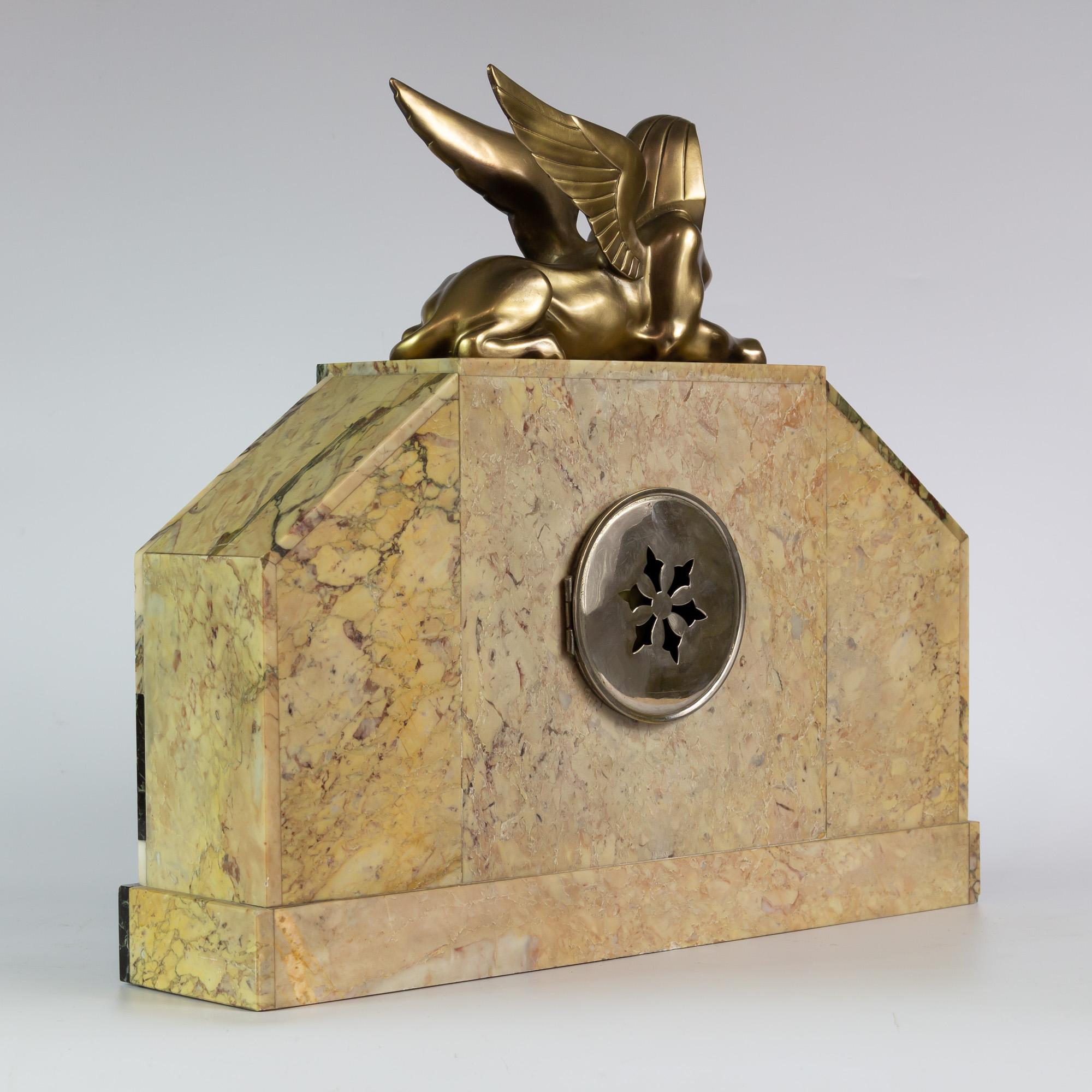 Art Deco Mantel Clock Set with Sphinx Bronze Sculpture 6