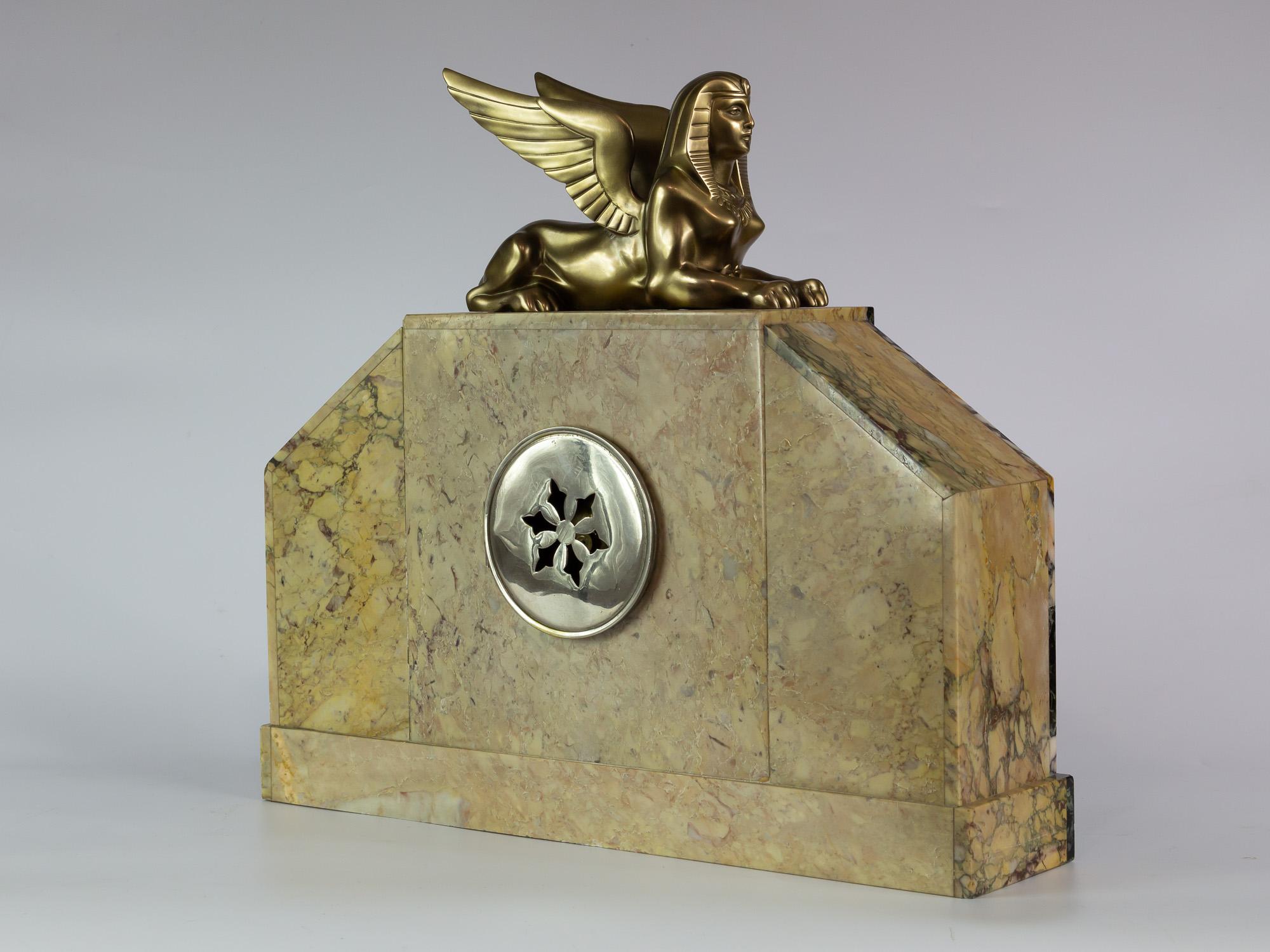 Art Deco Mantel Clock Set with Sphinx Bronze Sculpture 7