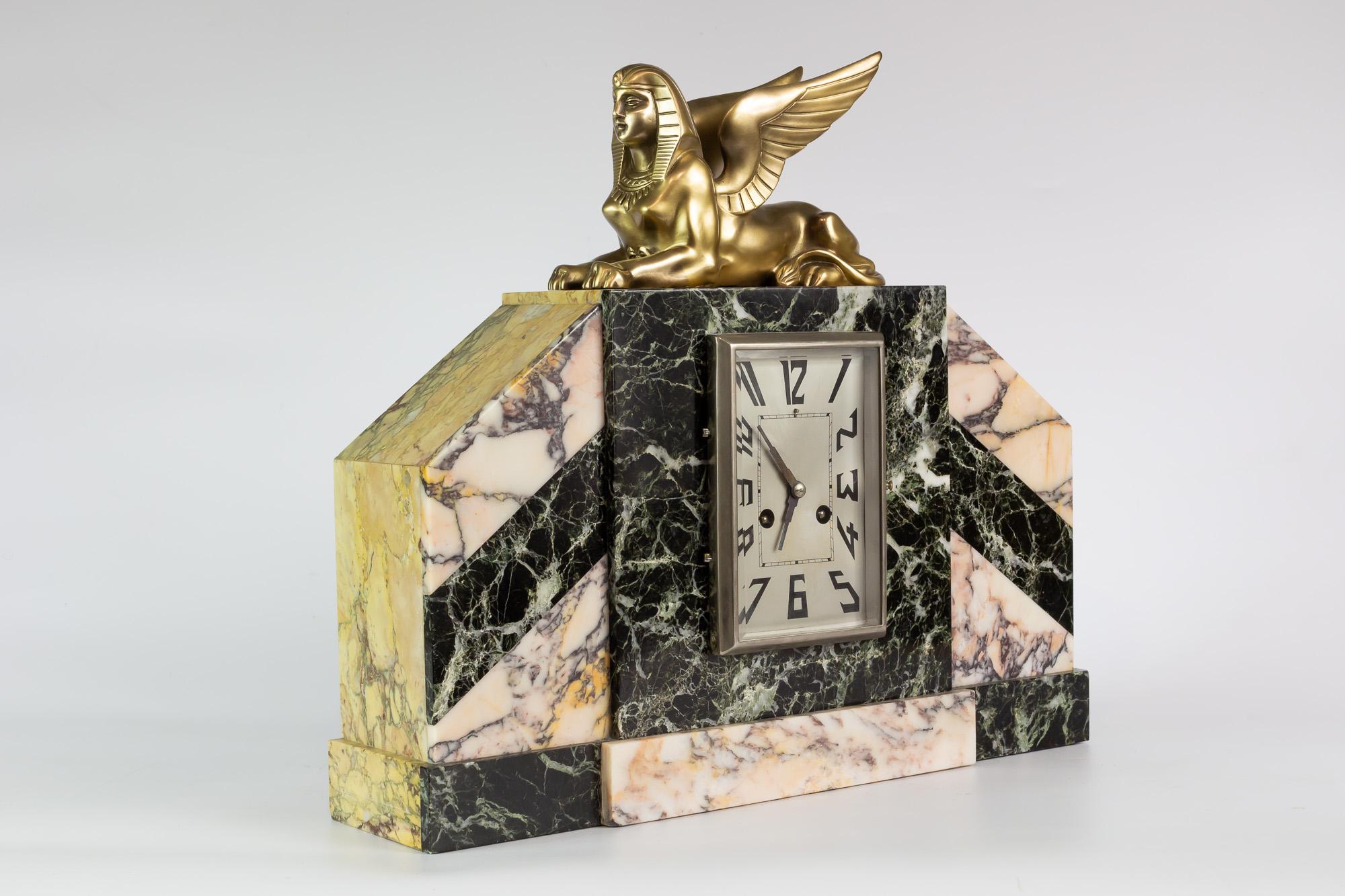 French Art Deco Mantel Clock Set with Sphinx Bronze Sculpture