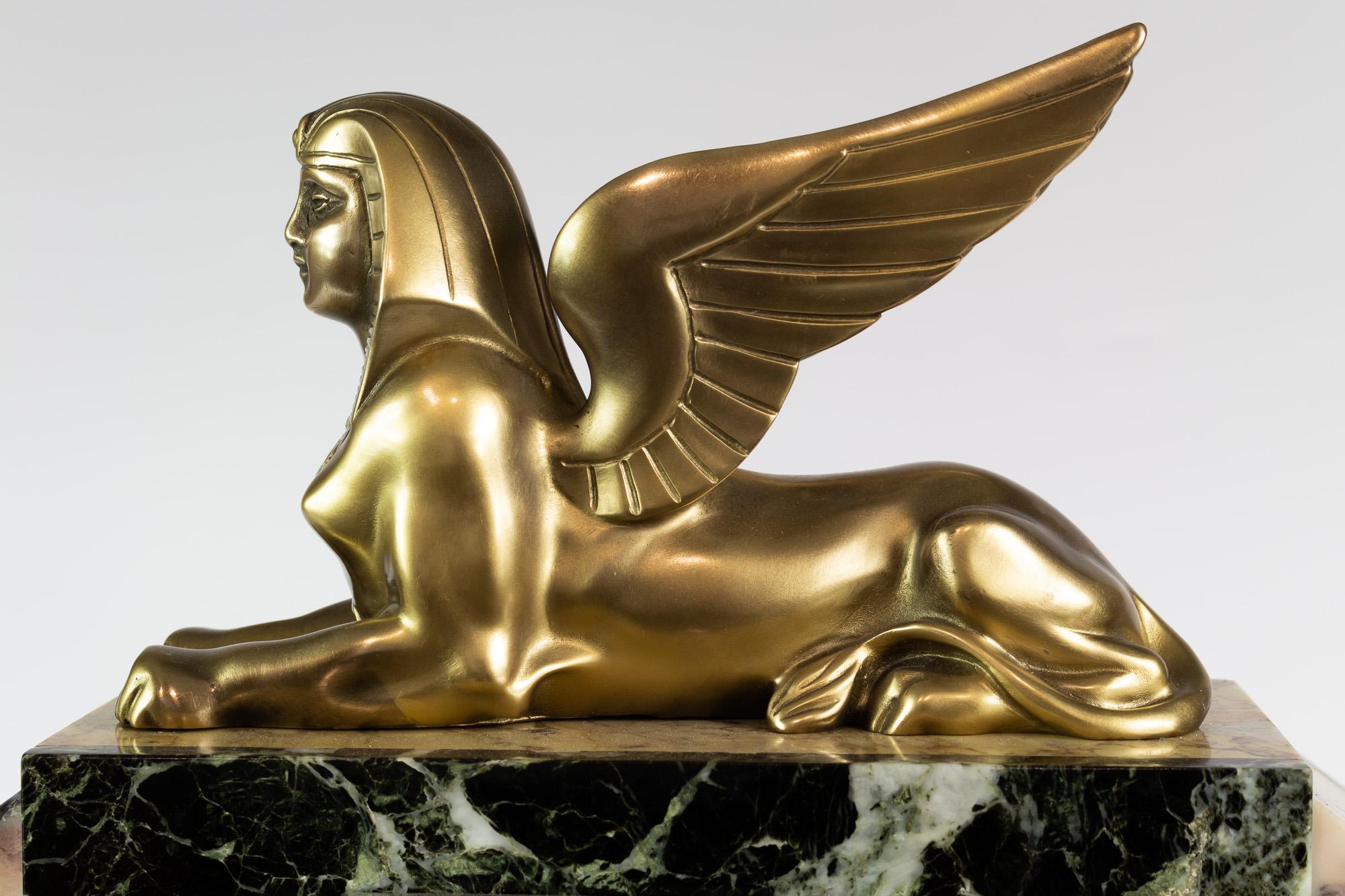 Brass Art Deco Mantel Clock Set with Sphinx Bronze Sculpture