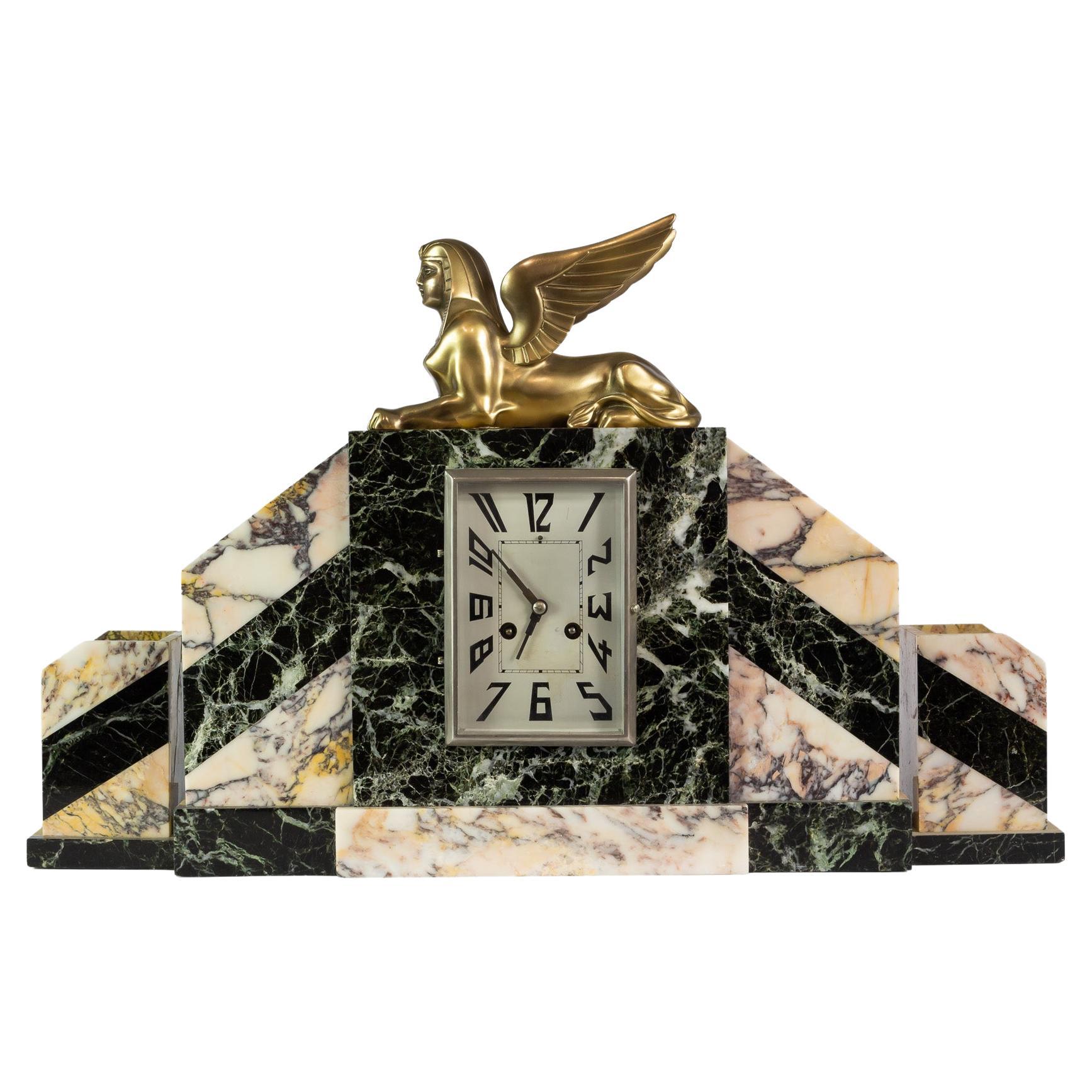Art Deco Mantel Clock Set with Sphinx Bronze Sculpture