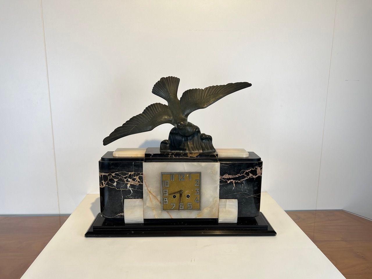 Brass Art Deco Mantel Clock with Bird Sculpture, Marble, France circa 1930 For Sale