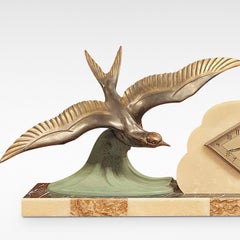 Art Deco Mantel Clock with Garnitures, Iconic Bird and Clouds Design