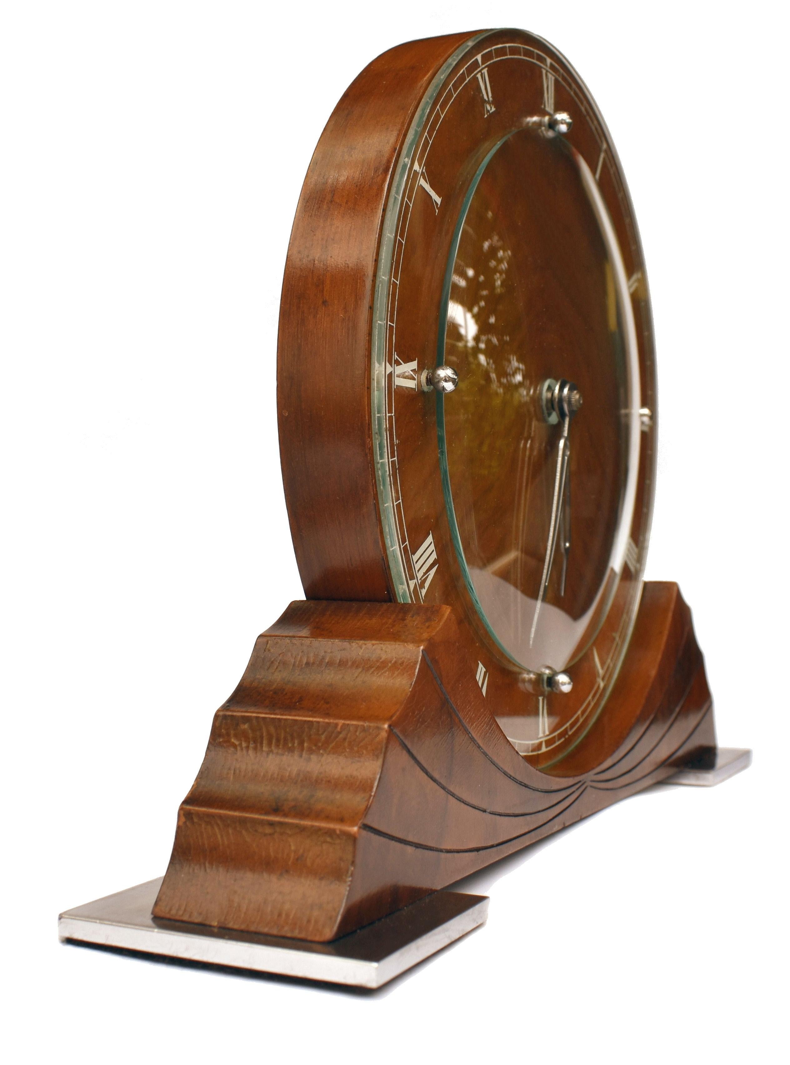 For your consideration is this super stylish Art Deco Wood and Glass Ferranti Synchronous Mantle Clock With Working Original Movement, dating to 1938. A rare example of it's type, this Ferranti (1932 - 1957 Manchester, UK) clock was made circa 1938,