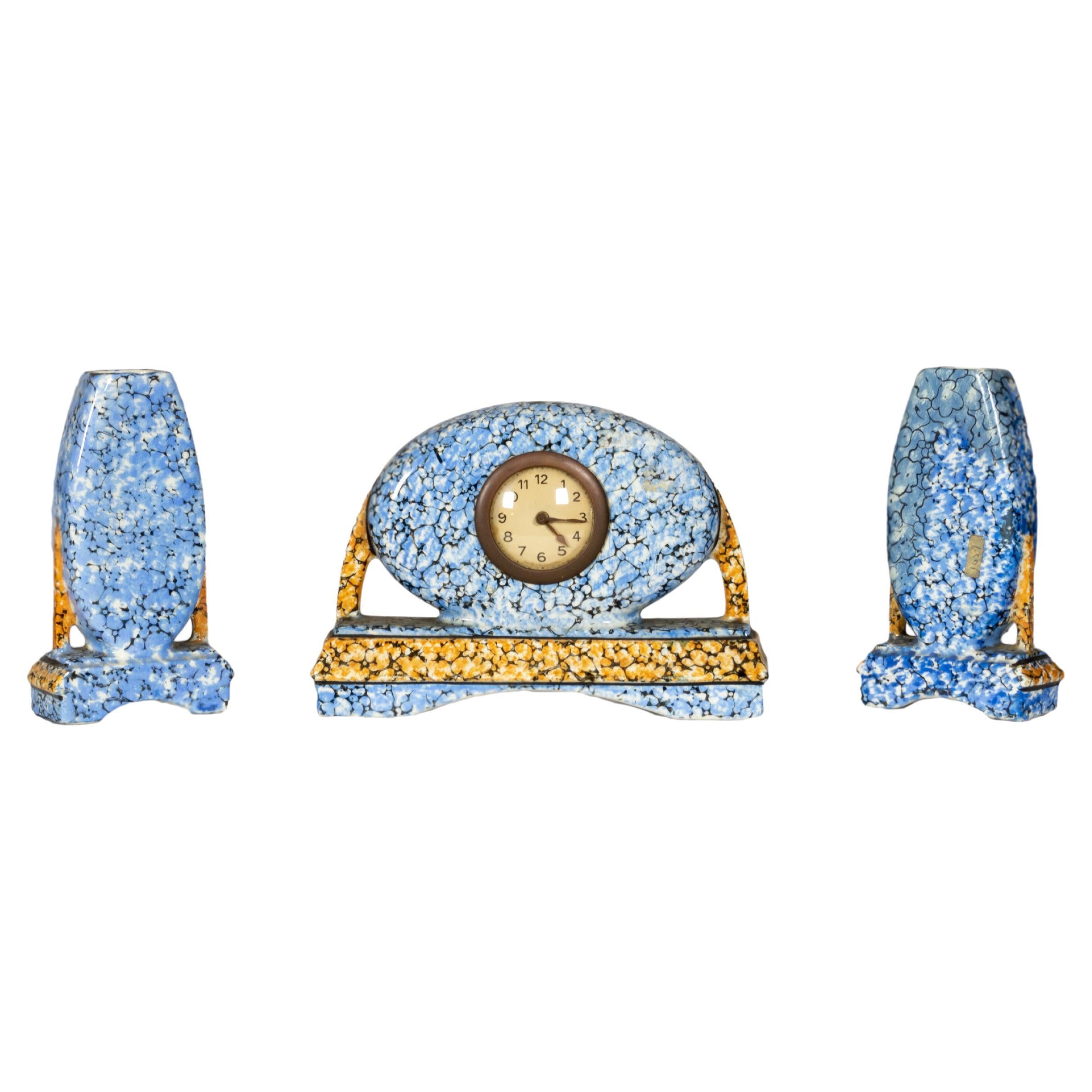 Art Deco Mantle Clock Set by Majolique Wasmuel For Sale