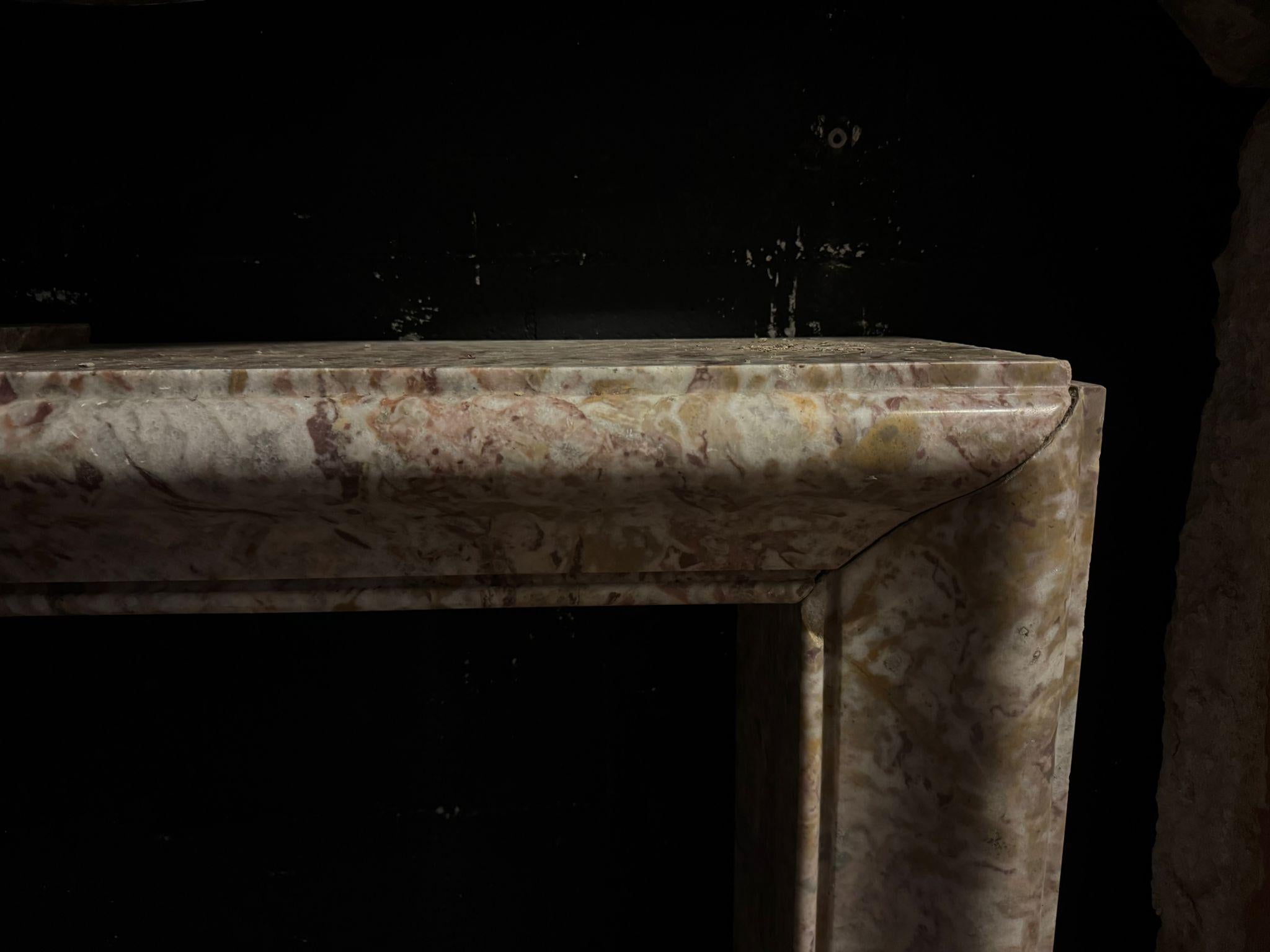 Marble Art Deco mantle fireplace in Peach blossom marble, Italy For Sale