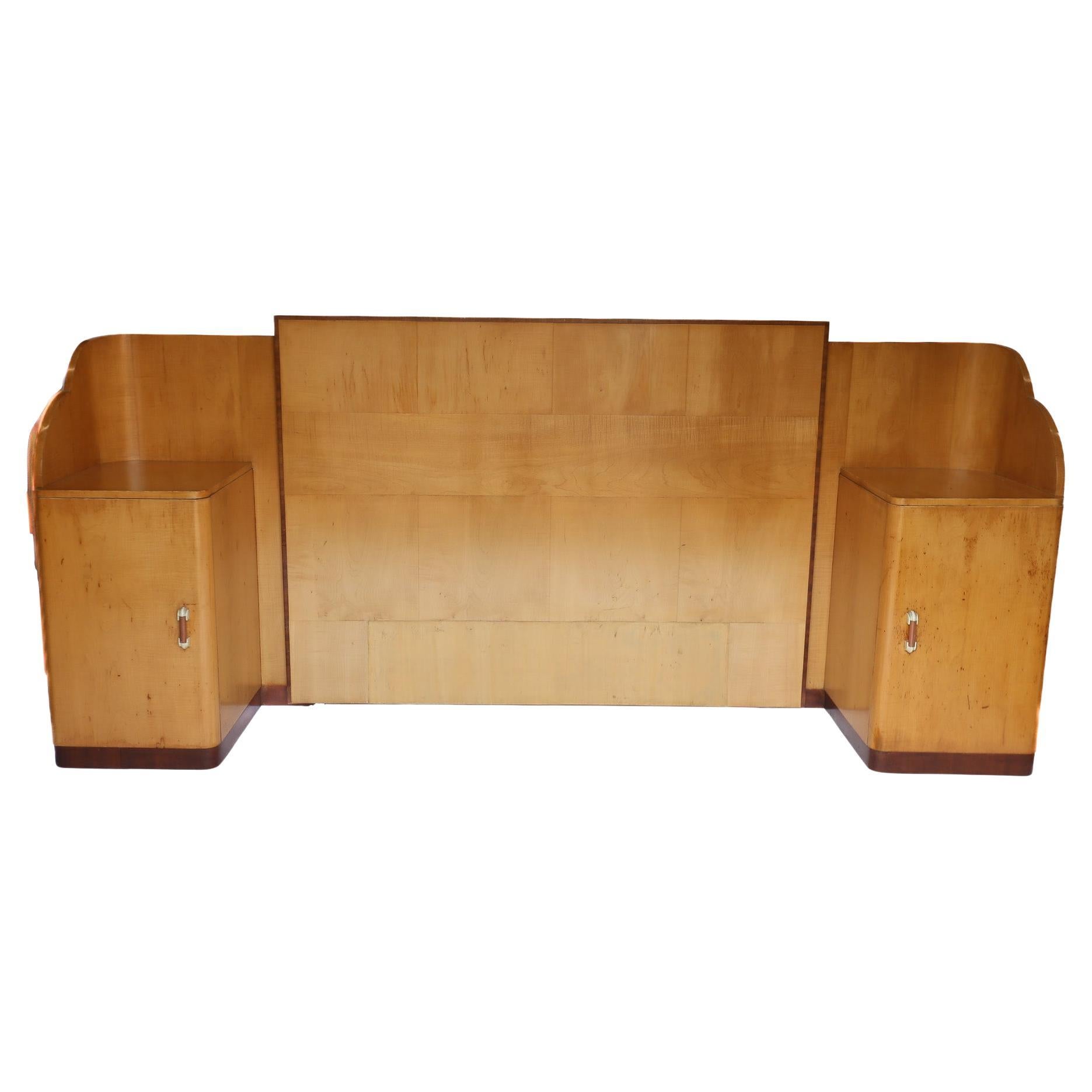Art Deco Maple Headboard with Bedside Cupboards