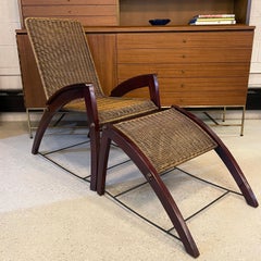 Art Deco Maple Wicker Lounge Chair Ottoman Set