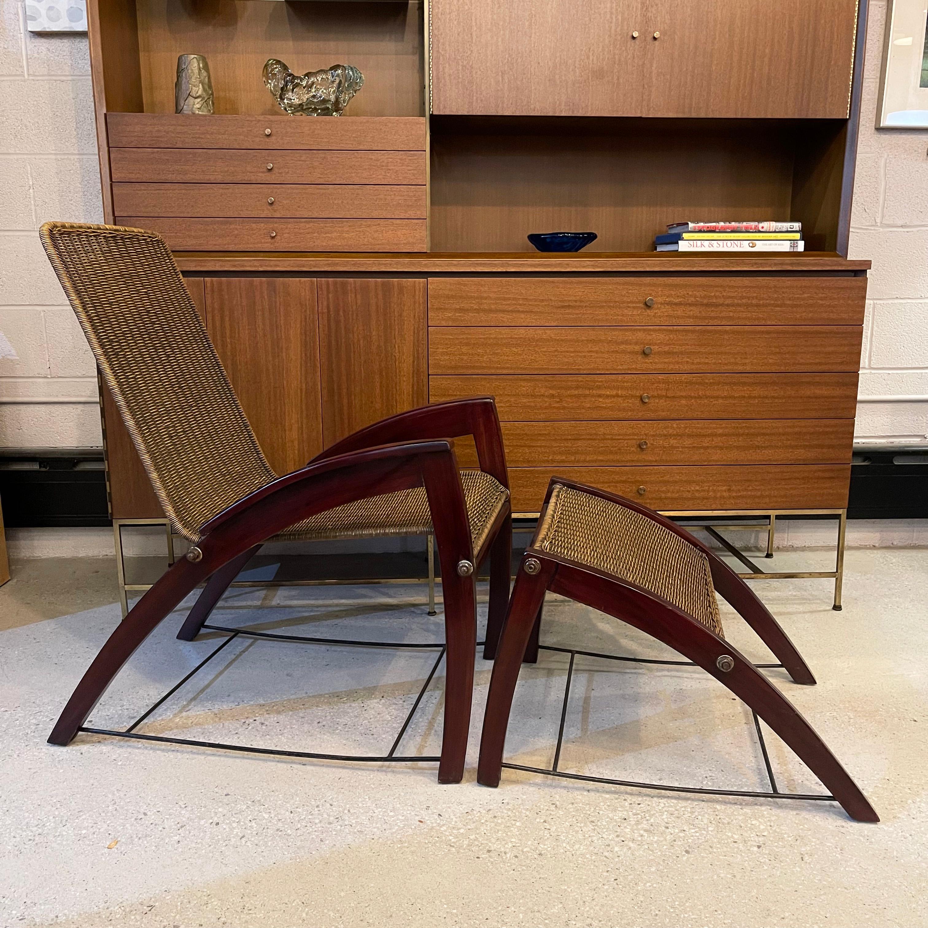 American Art Deco Maple Wicker Lounge Chair Ottoman Set For Sale