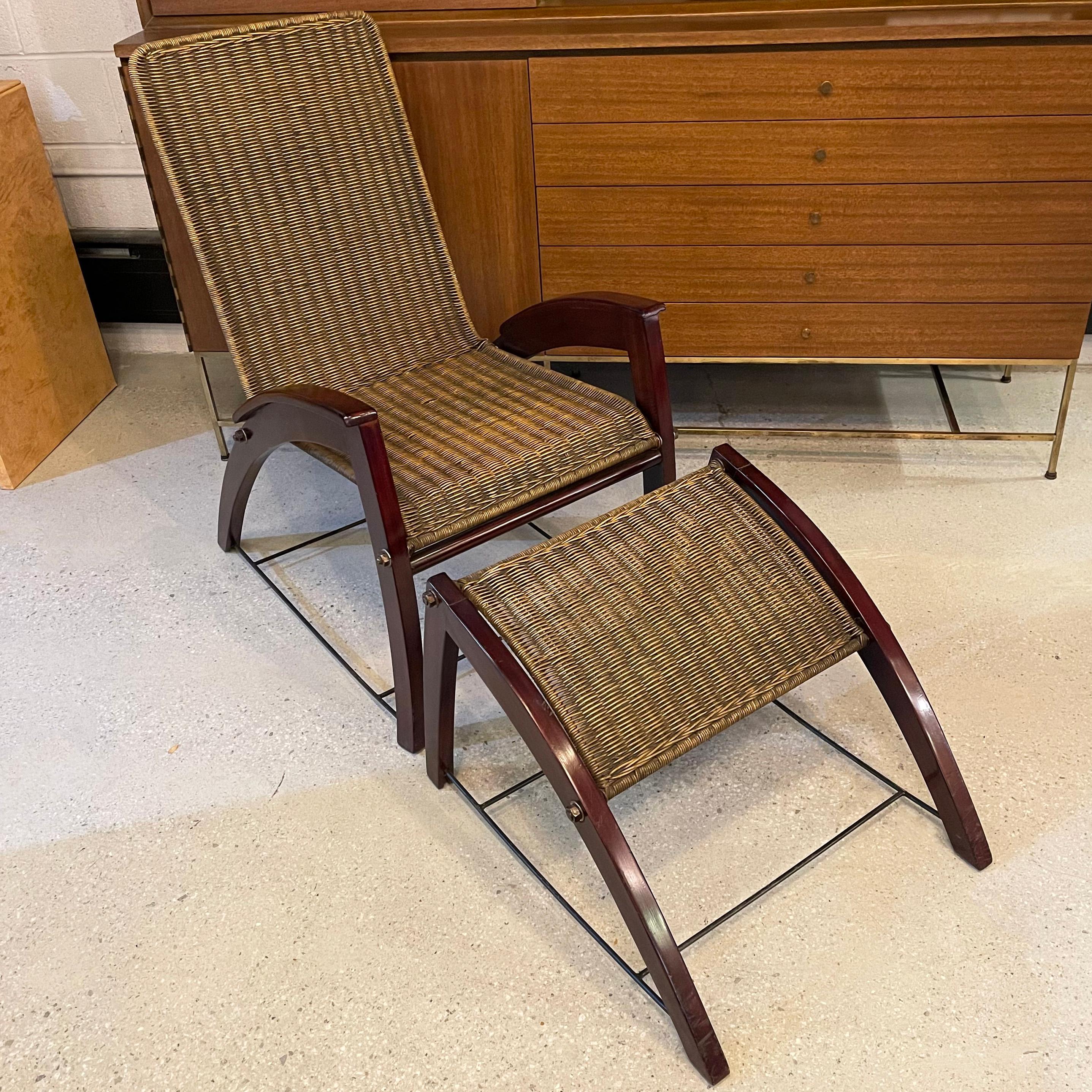 20th Century Art Deco Maple Wicker Lounge Chair Ottoman Set For Sale
