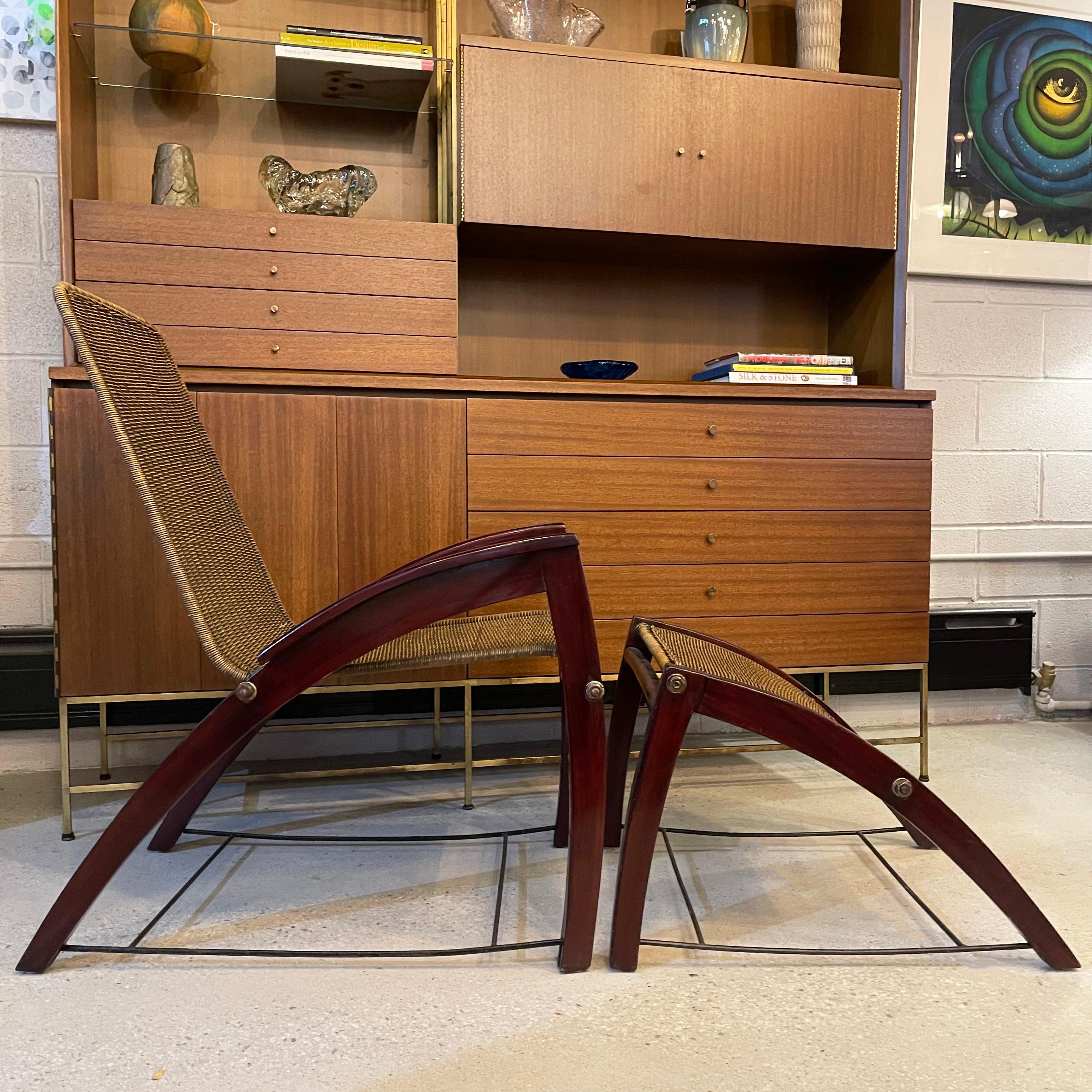 Metal Art Deco Maple Wicker Lounge Chair Ottoman Set For Sale