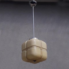 Art Deco Cream Glass Cube Pendant Light, 1930s